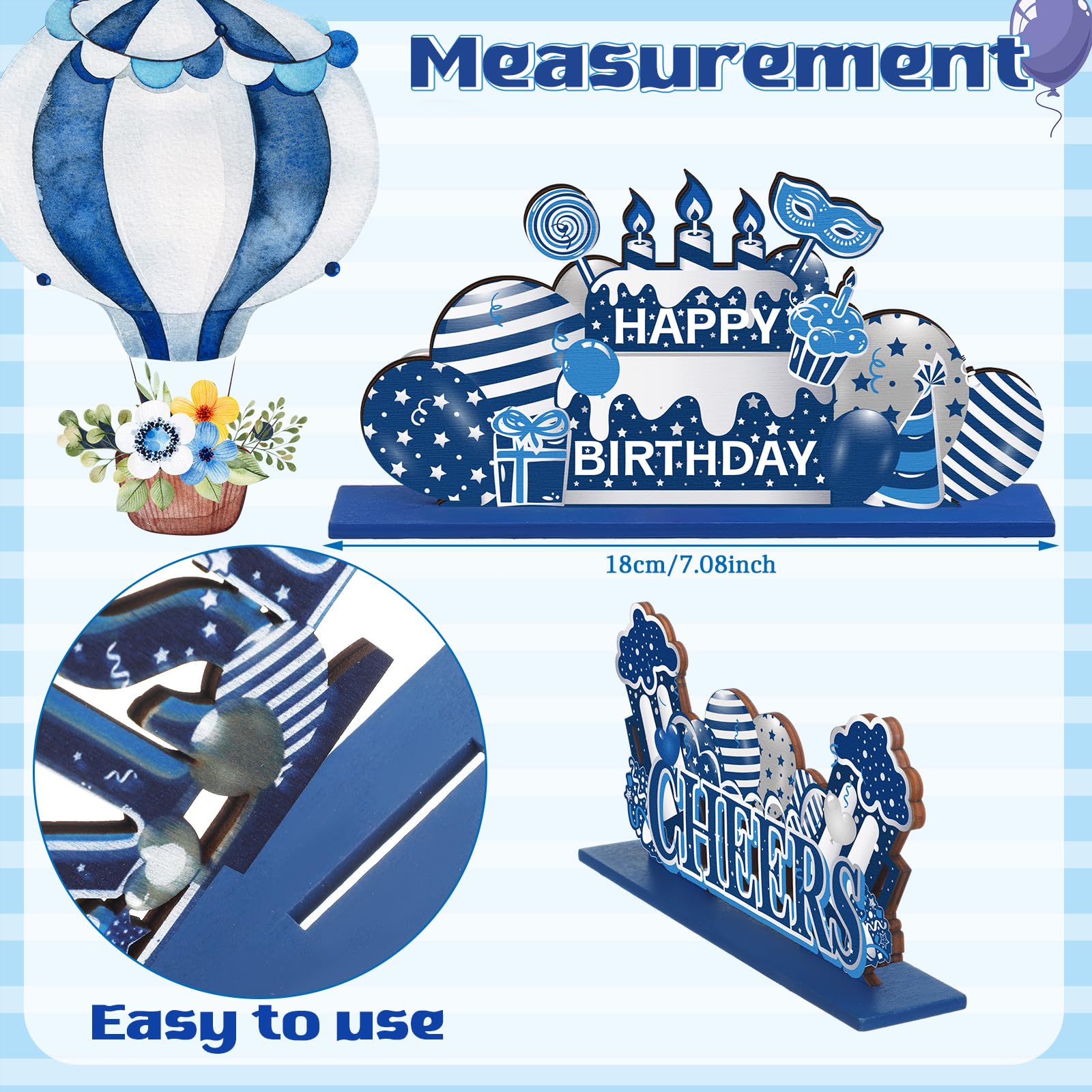 Hoolerry 6-Piece Wooden Birthday Party Decorations Set - Blue and Silver Table Centerpieces for Men & Women | Perfect for Birthday Celebrations, Anniversaries & Special Events