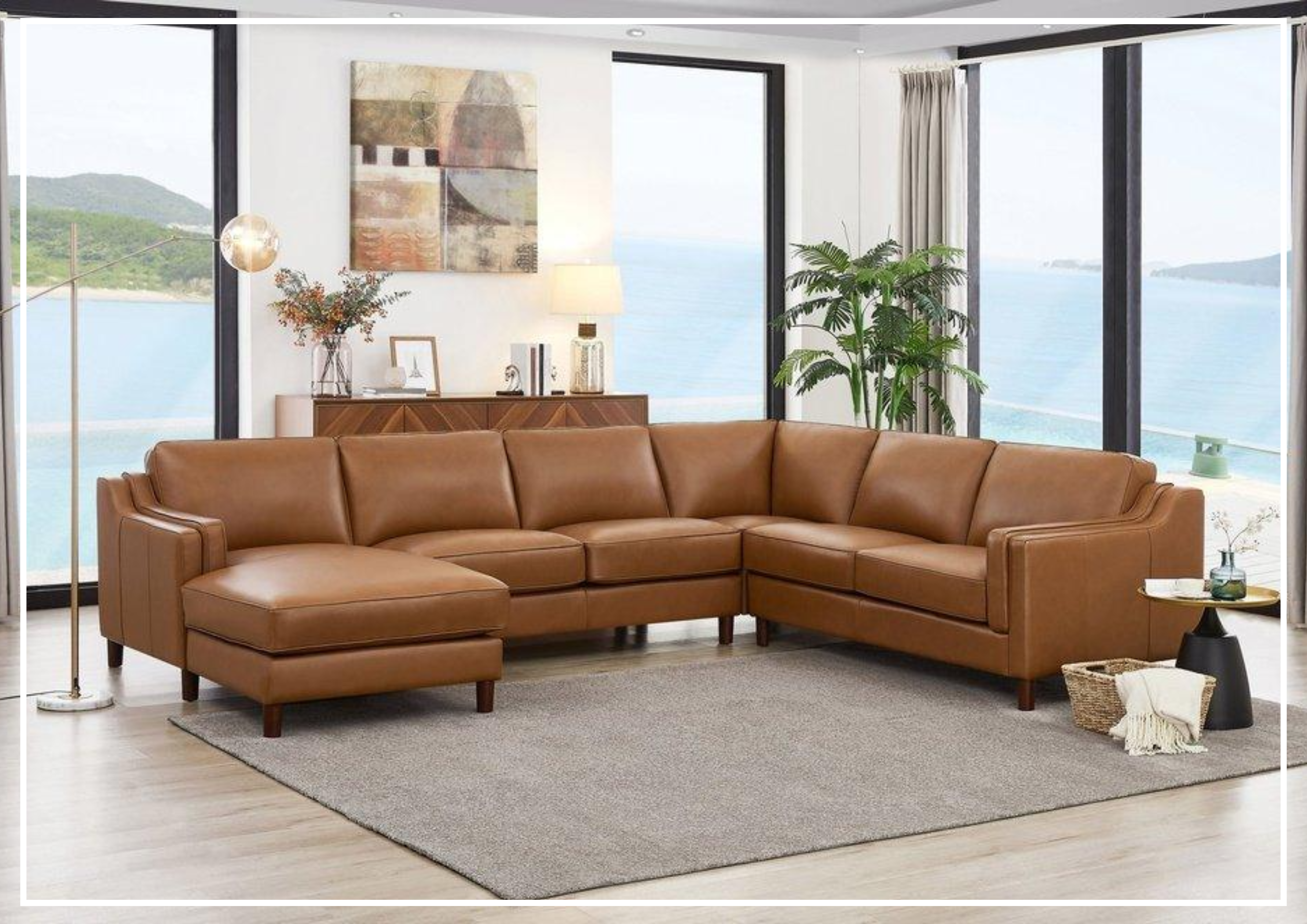 Hydeline Bella Brown Leather U-Shaped Sectional Sofa with Reversible Chaise - Modern L-Shaped Couch for Living Room, Family Room & Home Theater