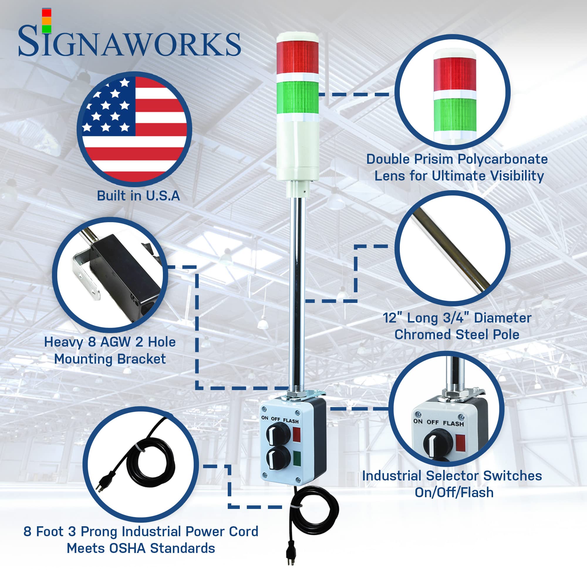Signaworks 2 Stack Super Bright LED Andon Tower Light - Red/Green 3 Position (On/Off/Flash) with 8ft Industrial Power Cord & 3 Prong Plug | OSHA Compliant, Plug & Play | Made in USA | Perfect for Factory Assembly Lines, Warehouse Safety Alerts & Equipment Status Monitoring