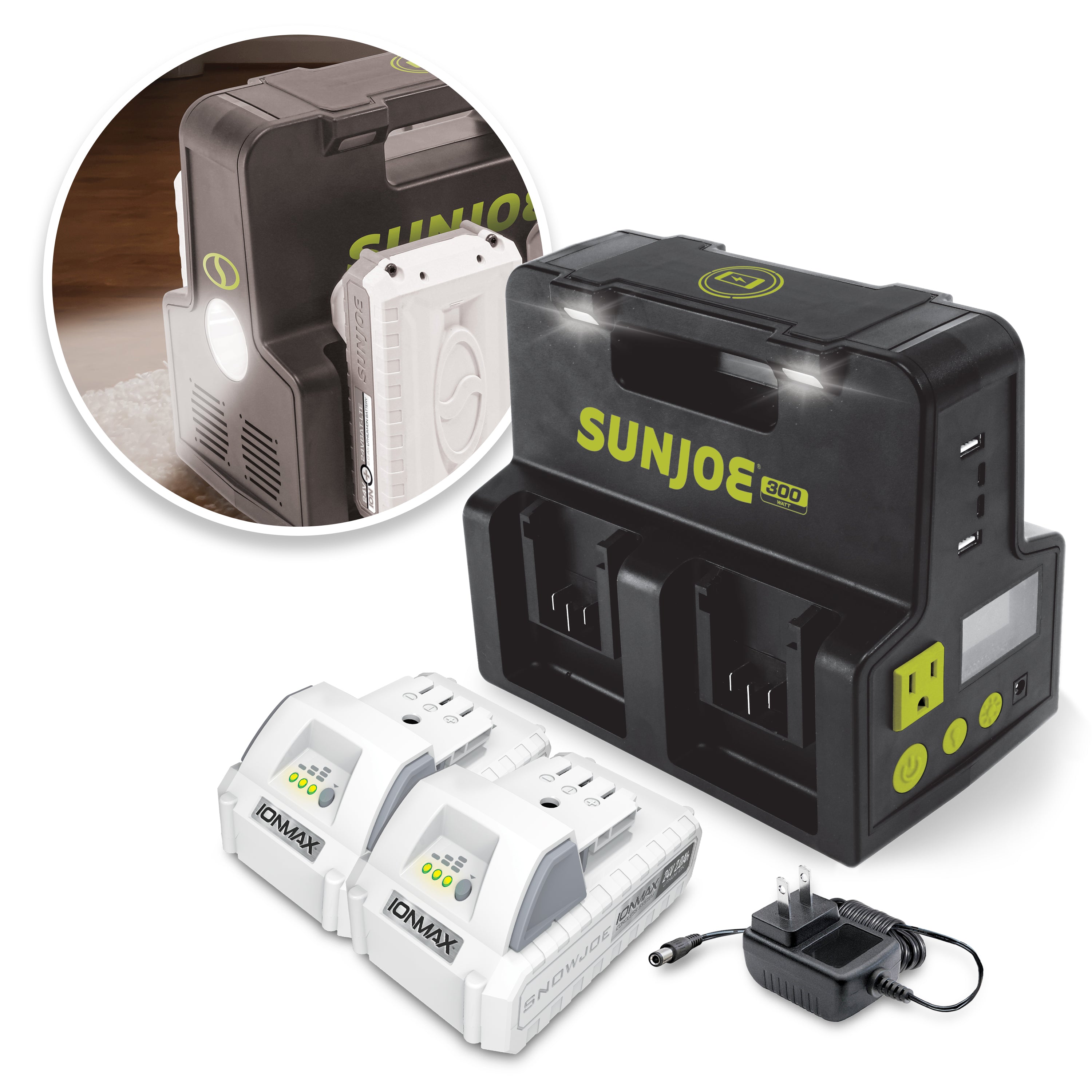 Sun Joe 24V 300W 2AMP Cordless Power Inverter Generator Kit with 2 x 2.0Ah Batteries - Portable Power Station for Camping, RV Trips & Emergency Backup