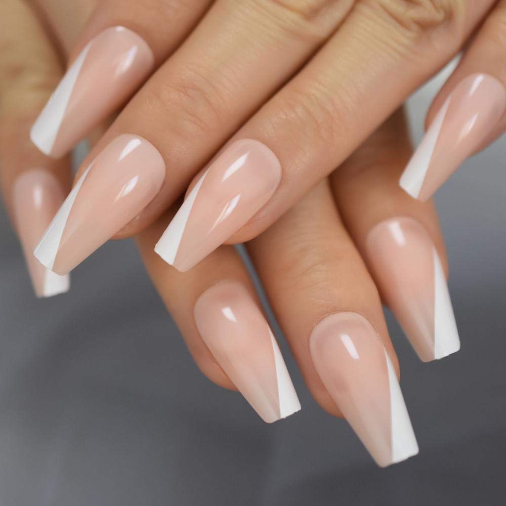 Glossy Super Long False Nails - Nude Pink & White French Tips with Shiny Ballerina Smile Line | Coffin Shape Salon Fake Nails for Women | Perfect for Parties, Weddings, and Special Occasions