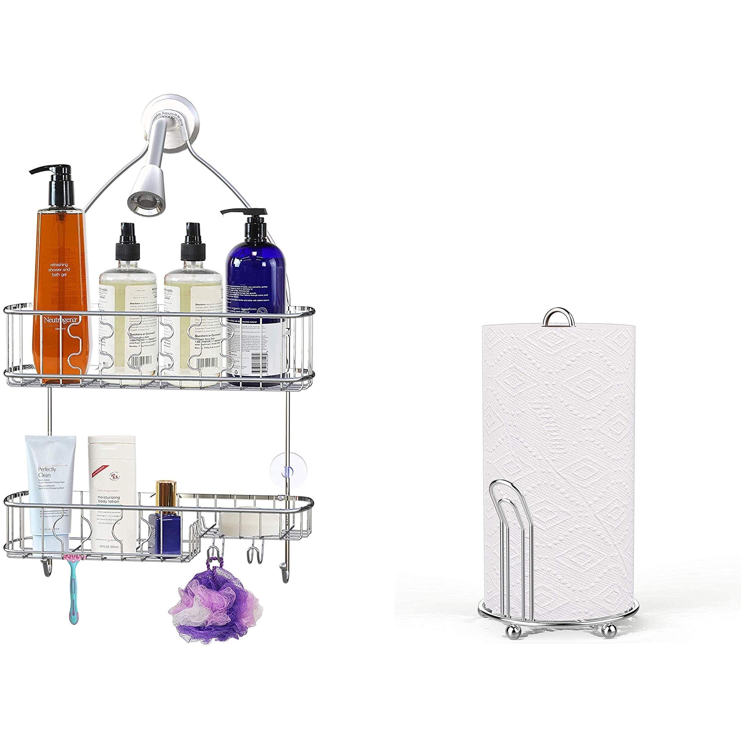 Chrome Bathroom Shower Caddy Organizer with Paper Towel Holder - Space-Saving Hanging Storage for Shampoo, Soap & Essentials - Perfect for Small Bathrooms & Showers