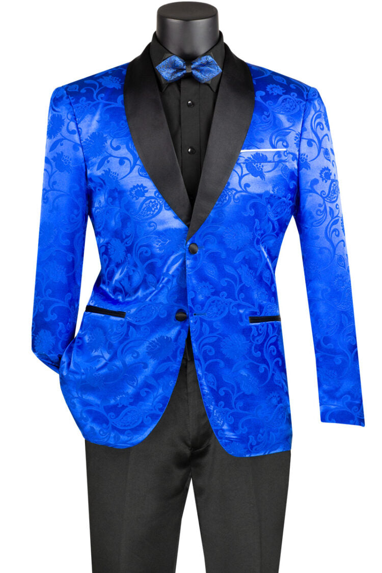 Slim Fit Silky Jacquard Fabric Sport Coat - Single Breasted 2 Button Blazer with Bow Tie for Men - Royal Blue Formal Wear for Weddings, Business Meetings & Special Occasions