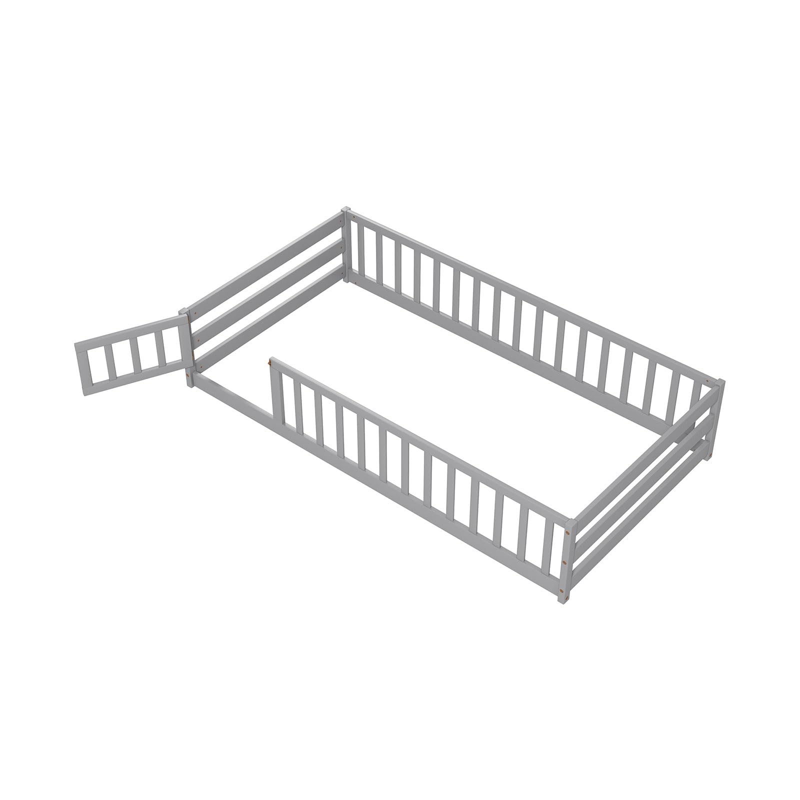 Giantex Twin Floor Bed with Door & Safety Fence - Wooden Montessori Bed for Kids, Boys & Girls - No Box Spring Needed - Sturdy Frame with Guardrails - Grey - Perfect for Montessori Rooms, Daycare & Kids' Bedrooms