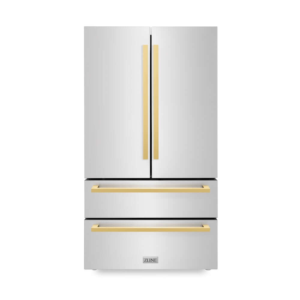 ZLINE Autograph Edition 36 Inch Counter Depth French Door Refrigerator - 22.5 cu ft Capacity, Fingerprint Resistant Stainless Steel with Polished Gold Handles, Built-In Ice Maker - Perfect for Modern Kitchens, Open Concept Homes & Luxury Appliances Collection (RFMZ 36 FG)