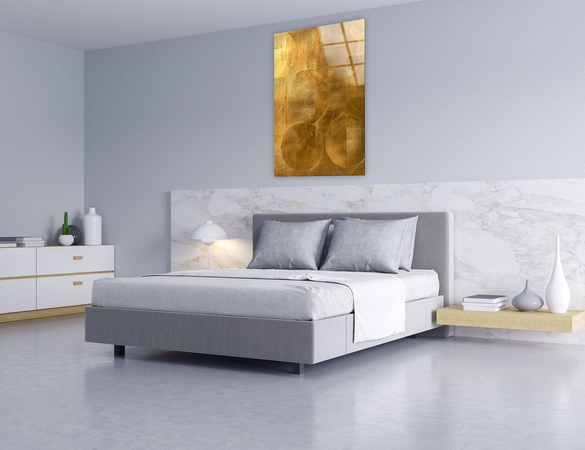 Abstract Gold Geometric Glass Wall Art - Modern Home Decor for Living Room, Bedroom & Office - Elegant Handmade Glass Panel for Stylish Interior Design