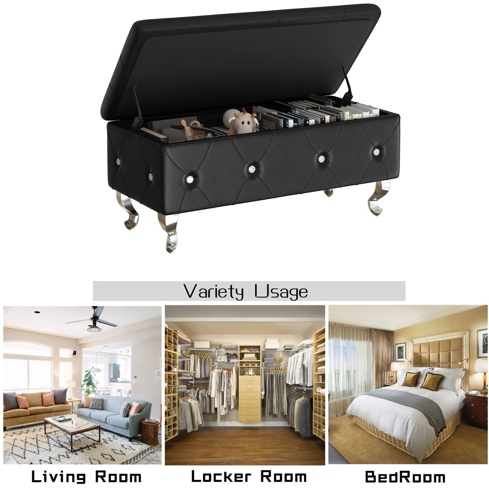 PU Leather Storage Ottoman Bench with Button Tufted Design, 37.4