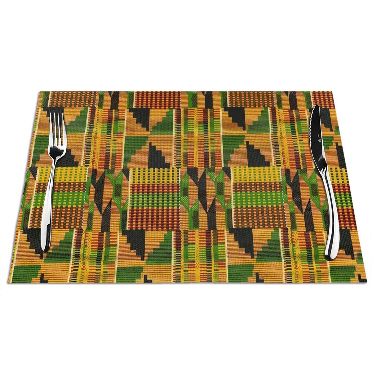 Premium Non-Slip Kente Cloth Placemats Set of 6 - Heat-Resistant PVC Table Mats for Dining & Kitchen - Wipeable Woven Vinyl Placemats for Restaurants & Home Use - Elegant Table Setting for Everyday Meals & Special Occasions