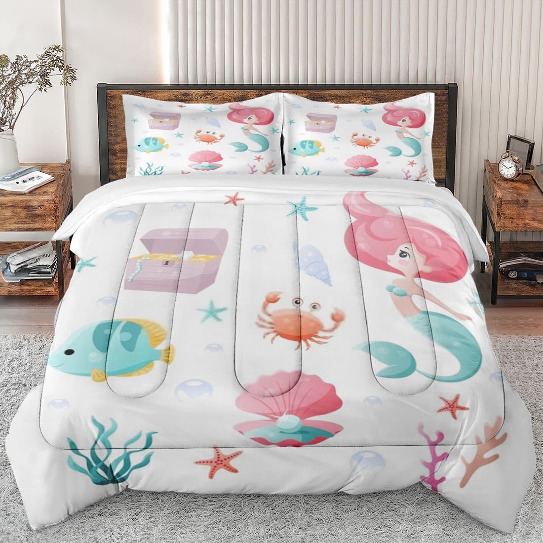 **King Size Mermaid Comforter Set - Soft Ocean Themed Bedding for Kids & Adults, Includes 2 Pillowcases - Perfect for Bedroom Decor & Summer Sleep Comfort**    *(Use Case: Ideal for beach-themed bedrooms, kids' rooms, or adding a playful ocean vibe to your home decor.)*