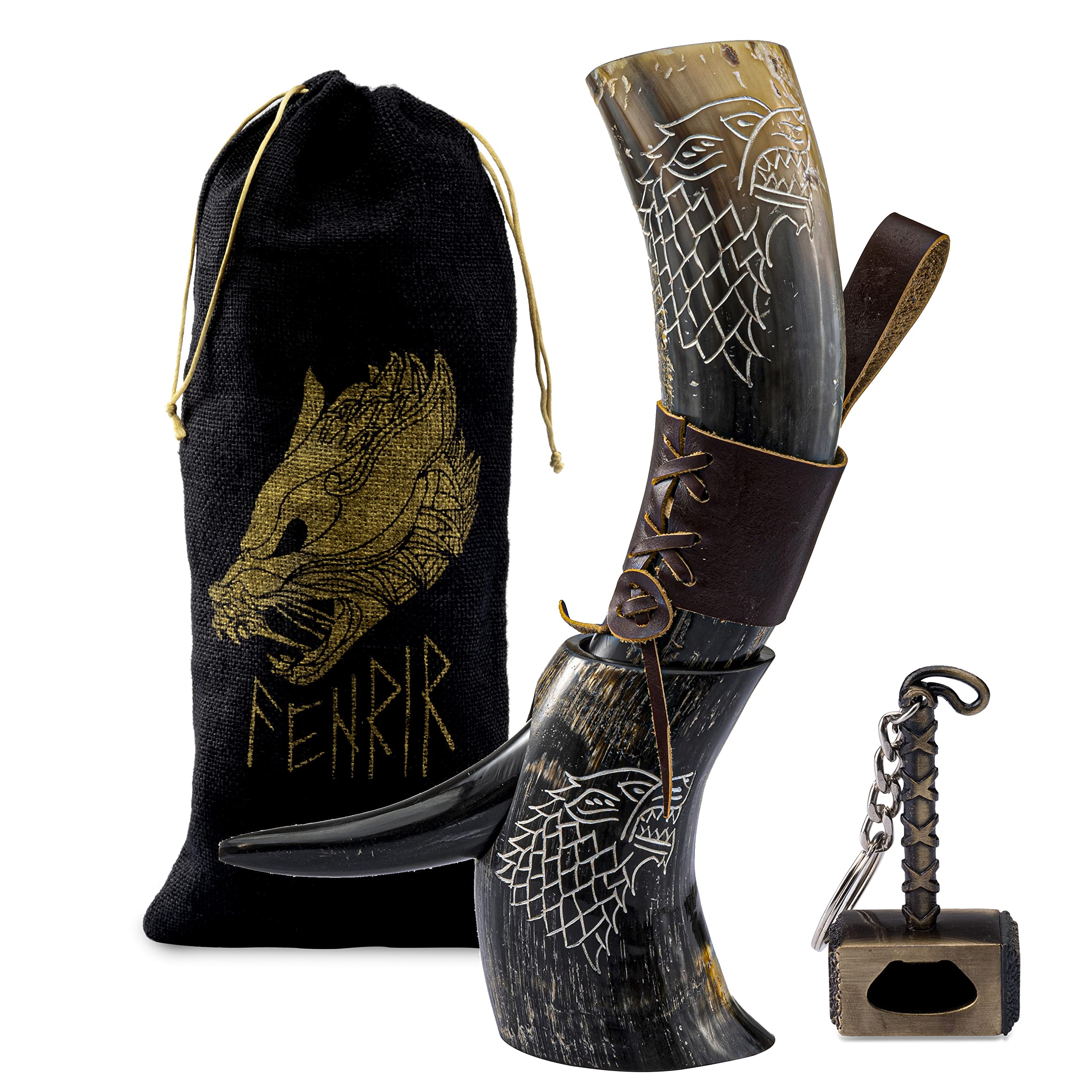 FENRIR 16 oz Viking Drinking Horn with Stand - Norse Viking Beer Cup for Ale, Mead & Wine | Food Grade Wolf Shine Polished | Perfect for Medieval Parties, Renaissance Fairs & Viking Themed Events | Includes Holster & Bottle Opener - Unique Gift for Men & Women