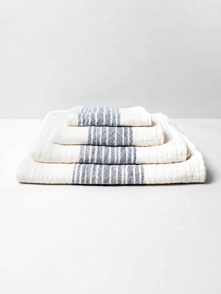 Organic Flax Line Towel Washcloth Set - Soft & Absorbent Navy & Ivory Bath Towels for Spa, Gym & Travel | Moku