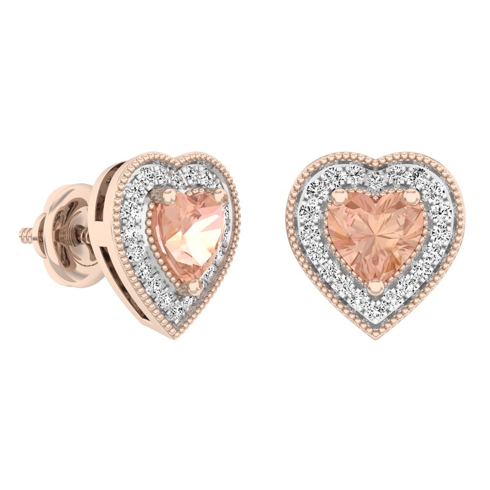 Rose Gold Plated Sterling Silver Heart Morganite & Diamond Stud Earrings for Women - Elegant Halo Design, Perfect for Weddings, Anniversaries & Special Occasions