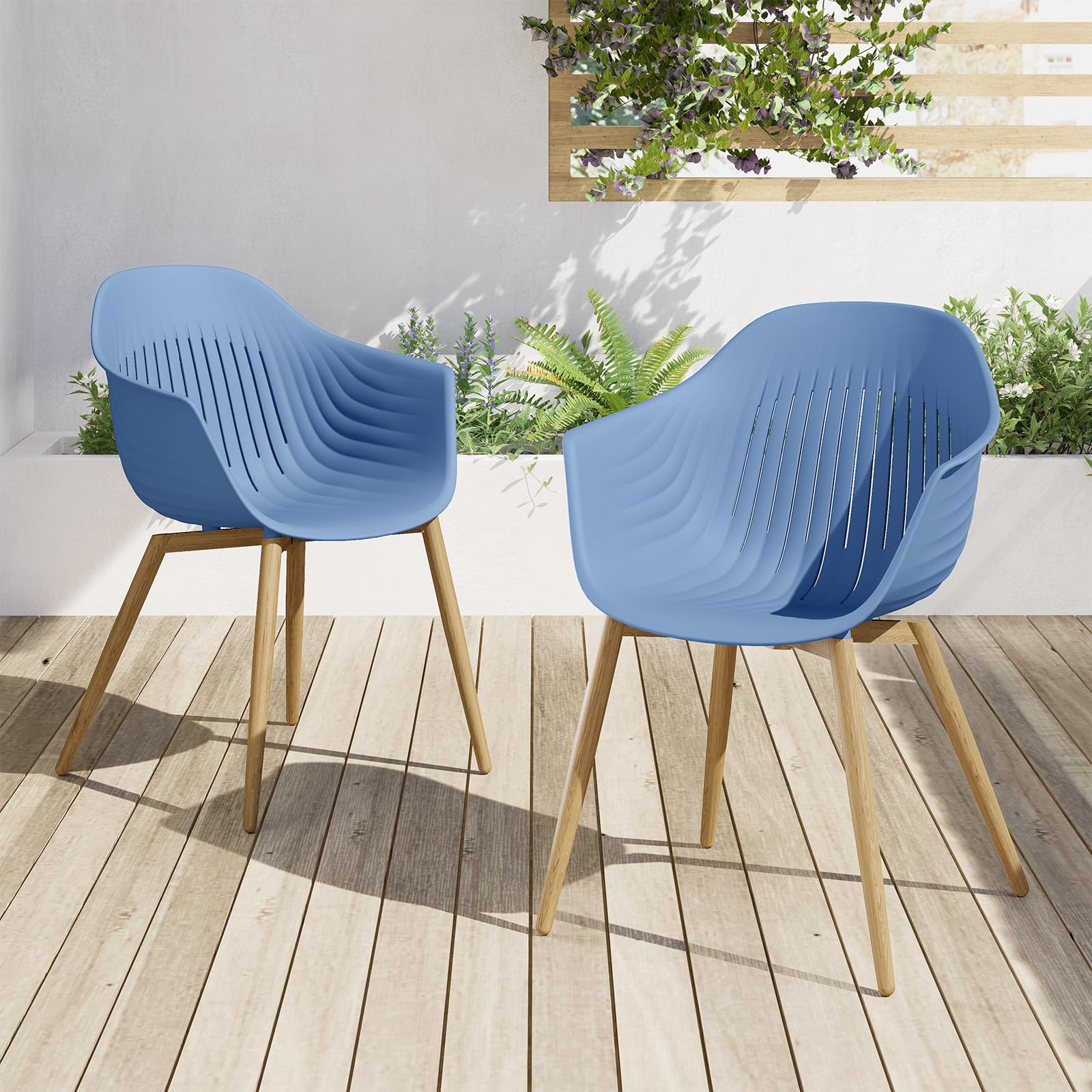 Modern Outdoor Dining Chairs Set of 2 - Recycled Plastic Patio Chairs with Rust-Free Metal Frame & Woodgrain Legs - Whale Design for Backyard, Garden, Poolside or Restaurant Use (Blue)
