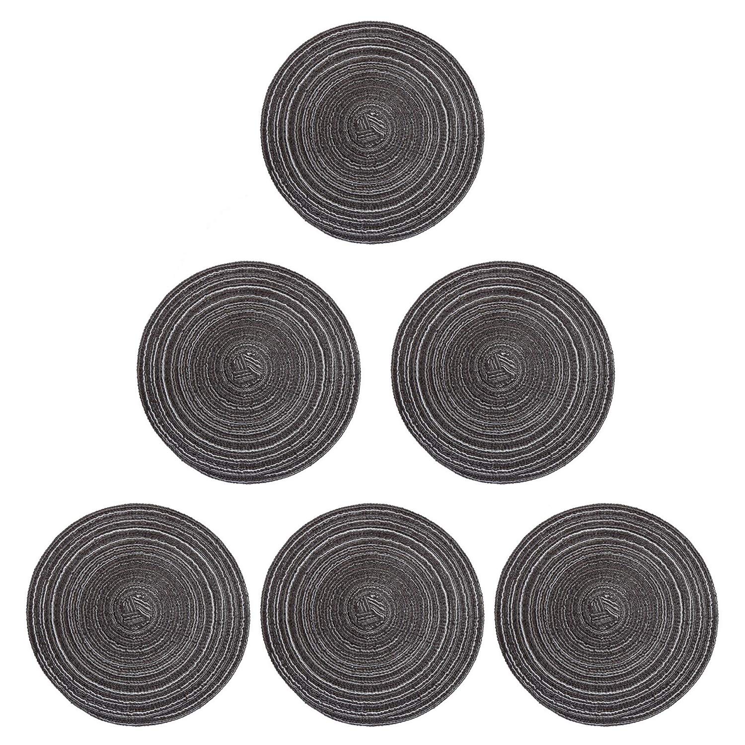6 Pack Round Woven Placemats - Non-Slip Heat Resistant Washable Kitchen Table Mats (7 Inch, Black) | Perfect for Dining Tables, Breakfast Nooks & Outdoor Picnics