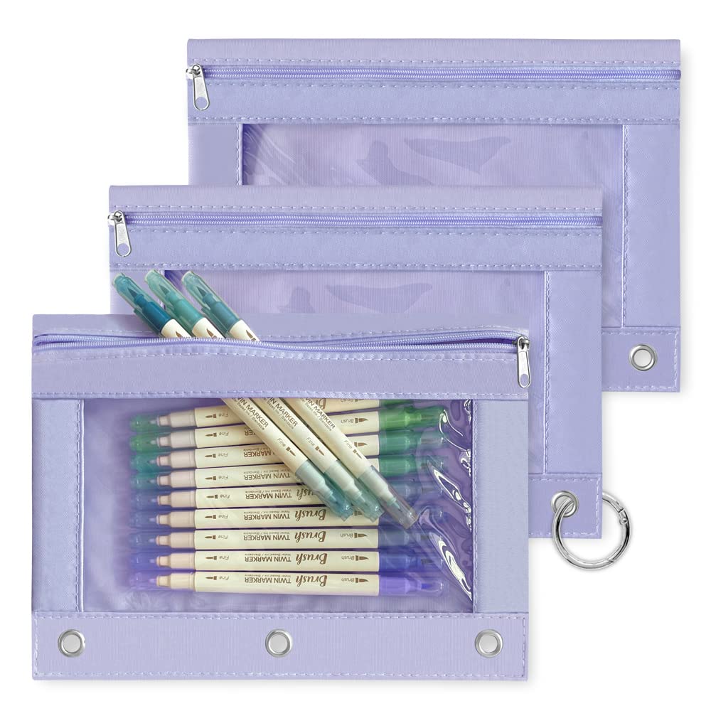 3-Pack Multi-Color Large Capacity 3-Ring Binder Pencil Pouch with Zipper Closure & Clear Window - Reinforced Grommets for School, Office & College Organization (Taro Purple)
