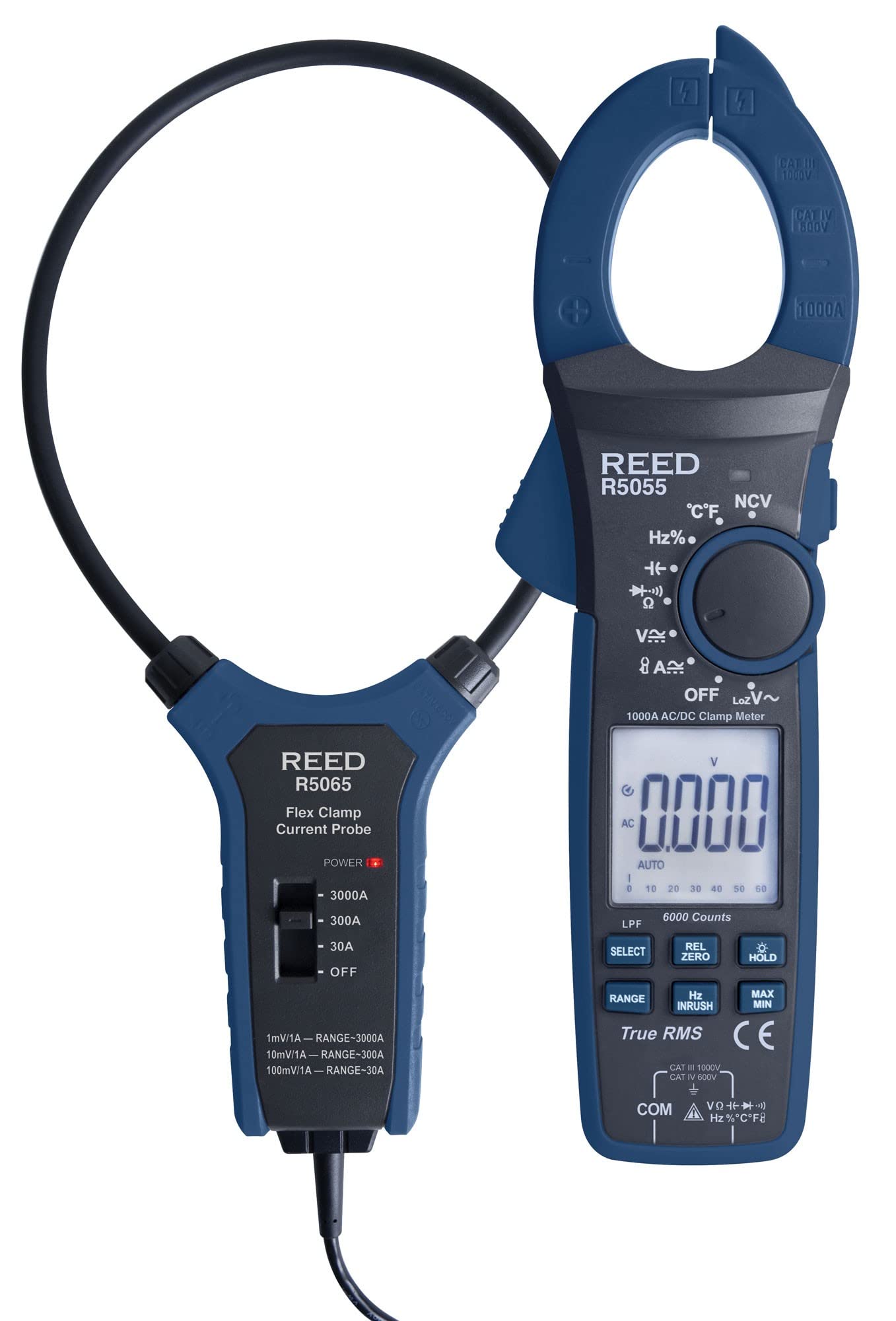 REED Instruments R5055-KIT True RMS AC/DC Clamp Meter with Flexible Current Probe Kit, 18
