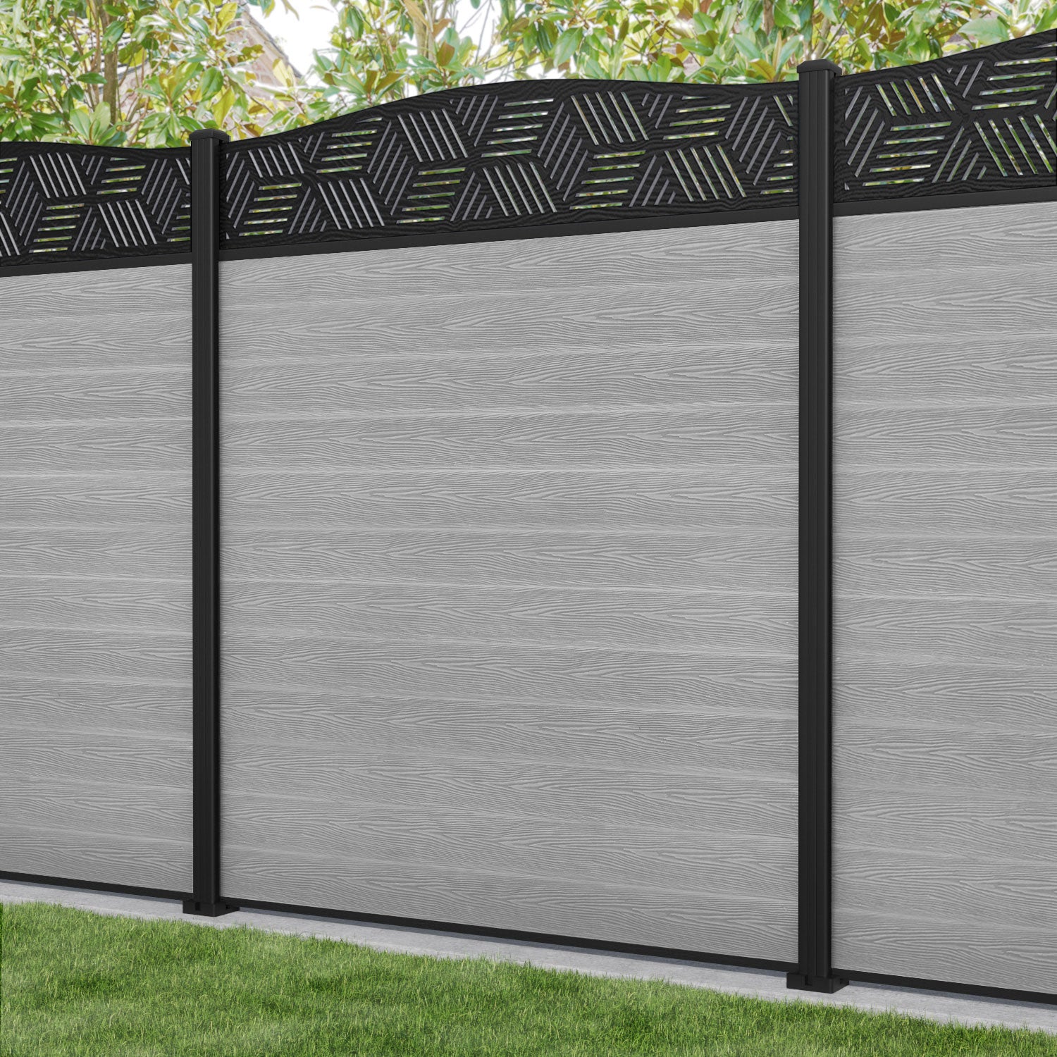 Classic Cubed Curved Top Fence Panel - Light Grey Aluminum Privacy Fence with Durable Posts | Perfect for Backyard, Garden & Poolside Security