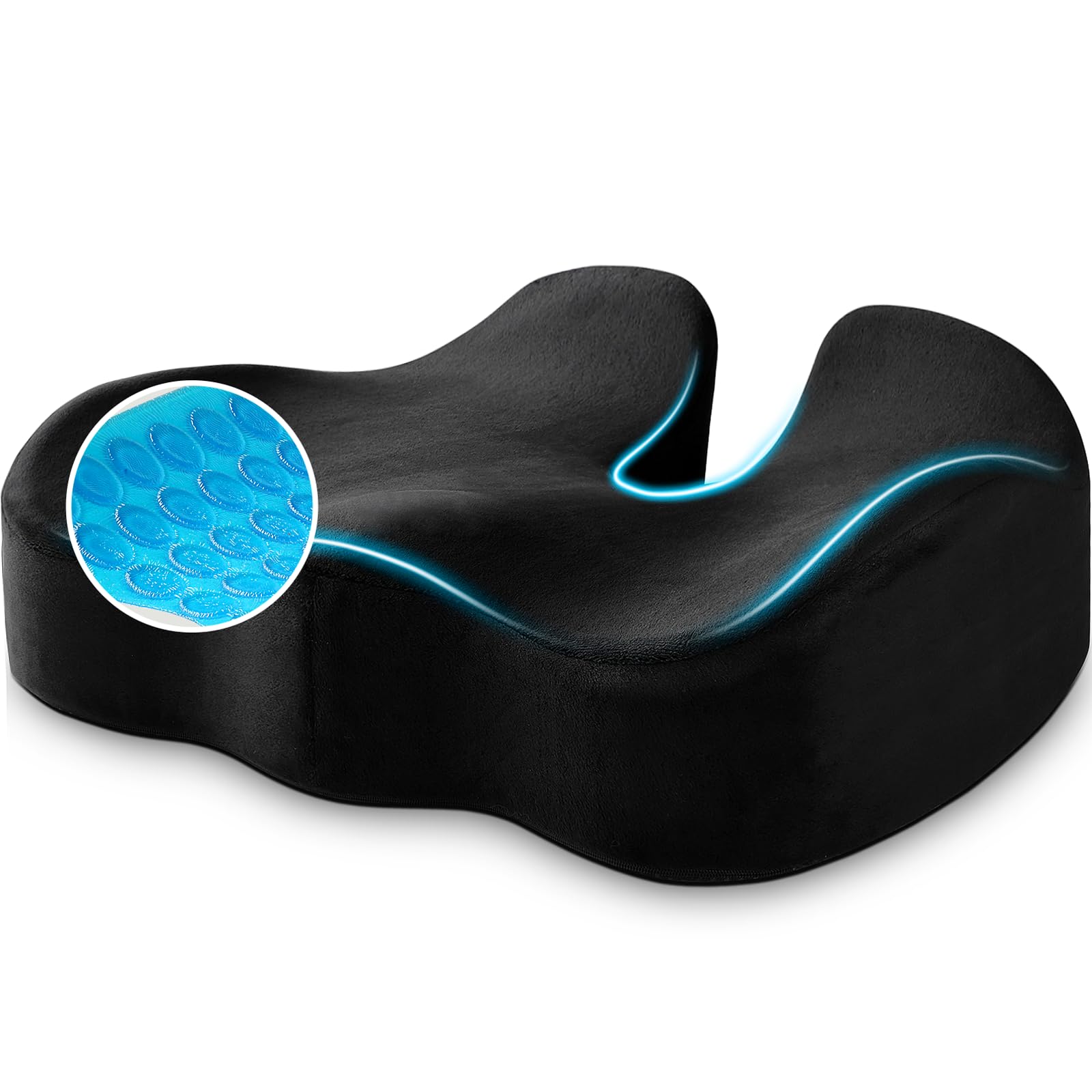Memory Foam Seat Cushion for Office Chair, Wheelchair & Car - Anti-Slip Bottom with Removable Cover for Tailbone Pain Relief - Perfect for Home Office, Long Drives & Mobility Comfort (Black)