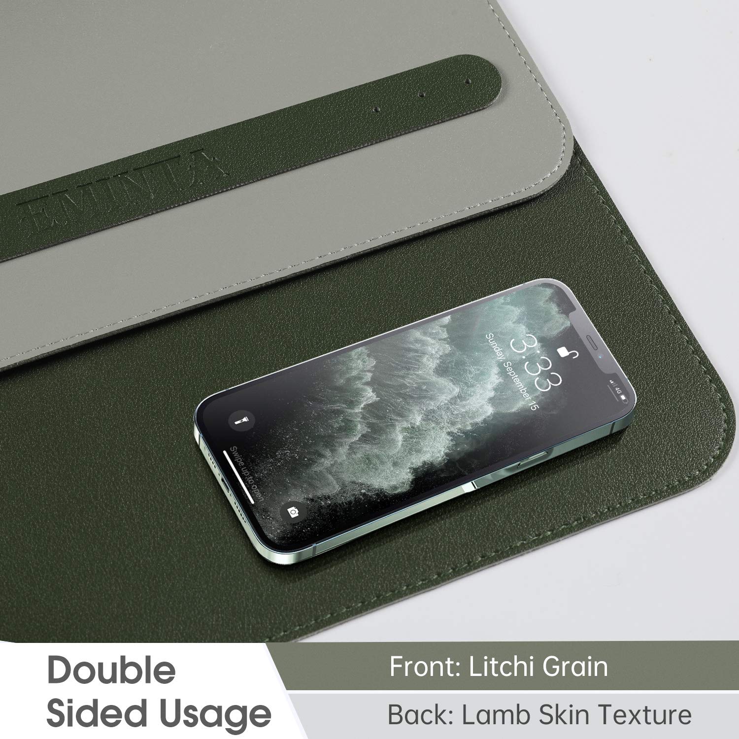 Premium PU Leather Desk Pad - Ultra Thin Waterproof Mouse Pad with Sewing Edge, Dual-Sided Writing Mat for Office & Home (Dark Green/Gray, 23.6