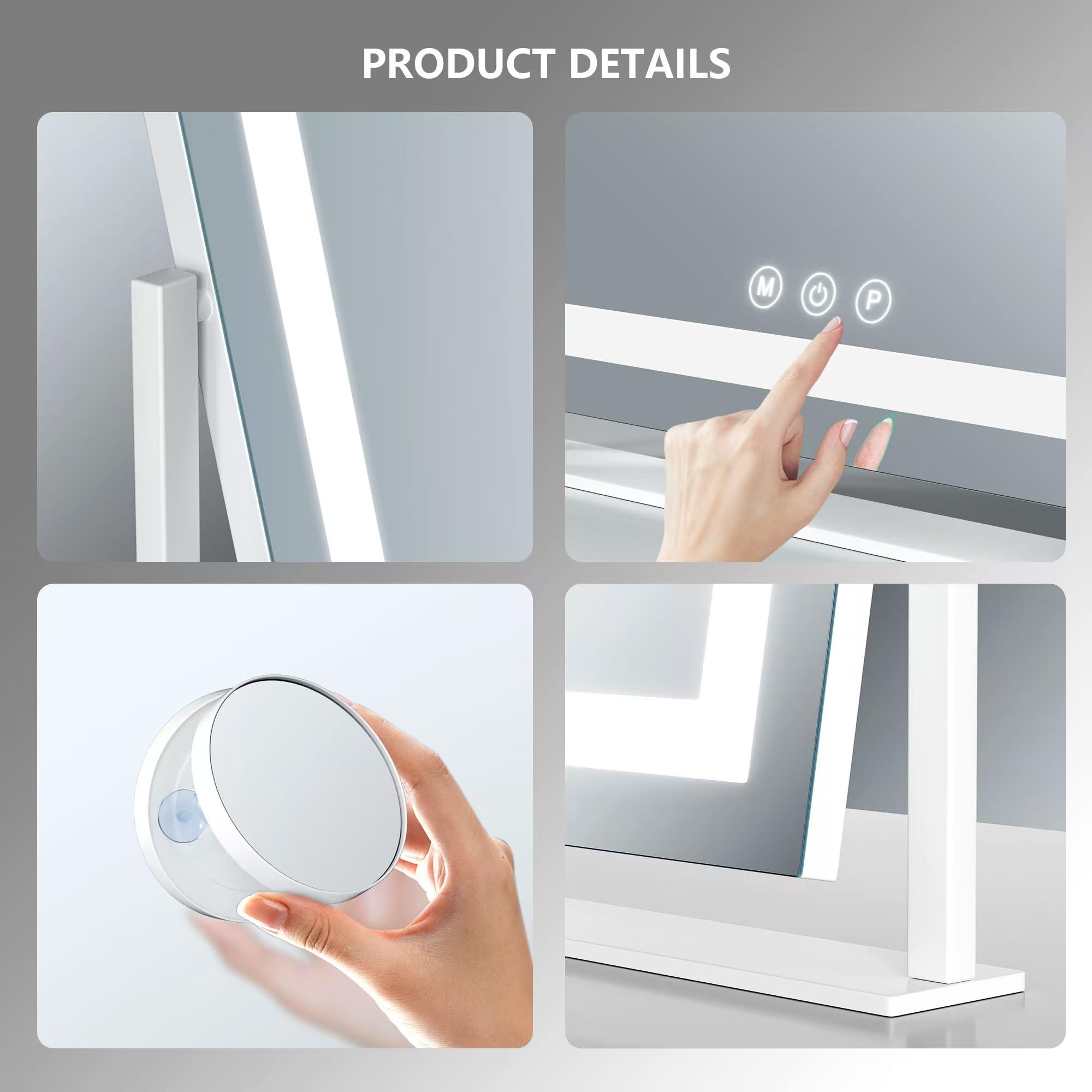 Hollywood Vanity Mirror with LED Lights - 3 Color Lighting Modes, 10X Magnification Detachable Mirror, Smart Touch Control & 360° Rotation (15.2