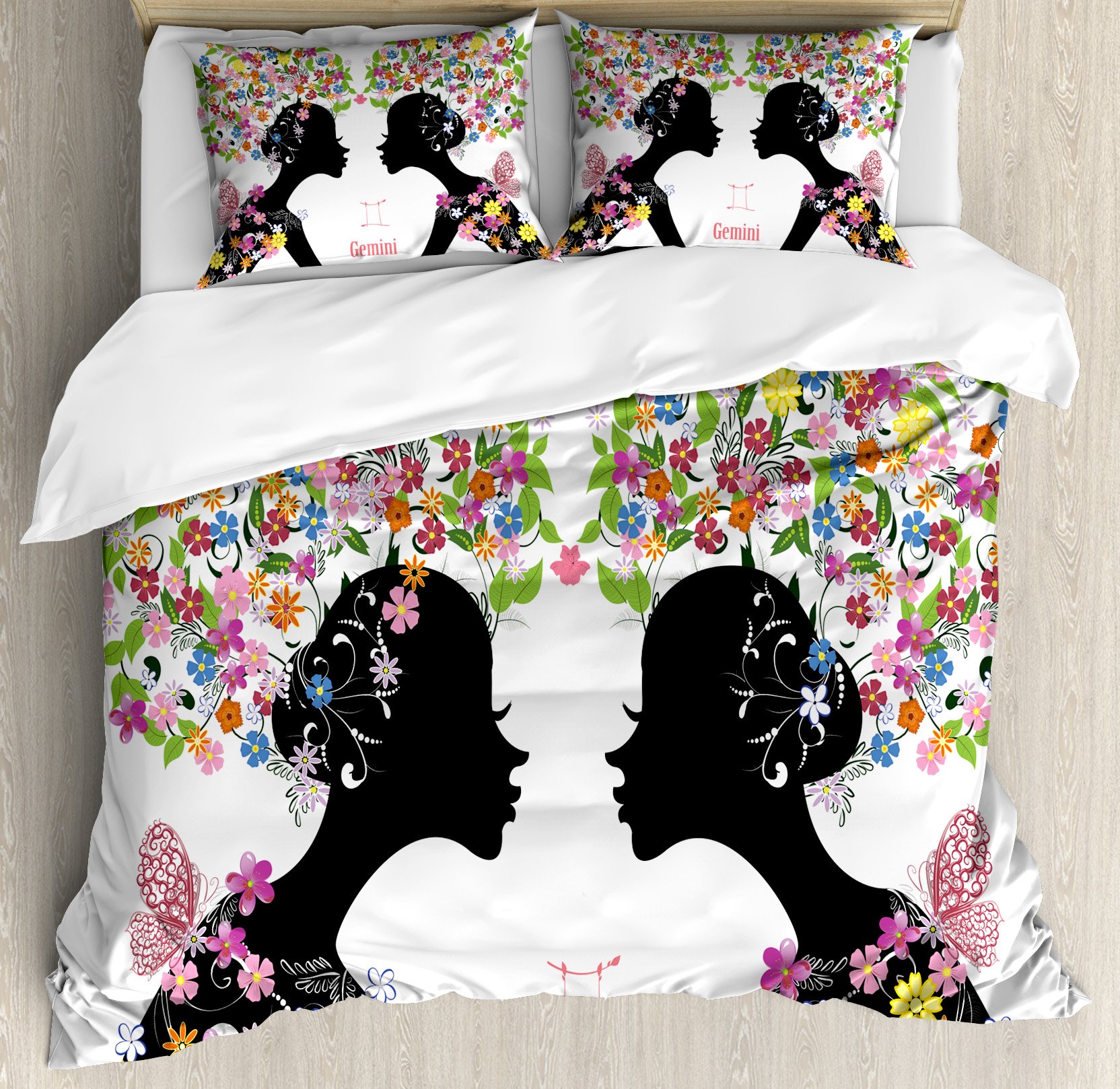 Ambesonne Zodiac Gemini Duvet Cover Set - Queen Size 3-Piece Bedding with 2 Pillow Shams, Colorful Spring Blossoms & Butterflies Design for Twin Girls - Perfect for Teen Bedrooms, Dorm Decor & Astrology Lovers