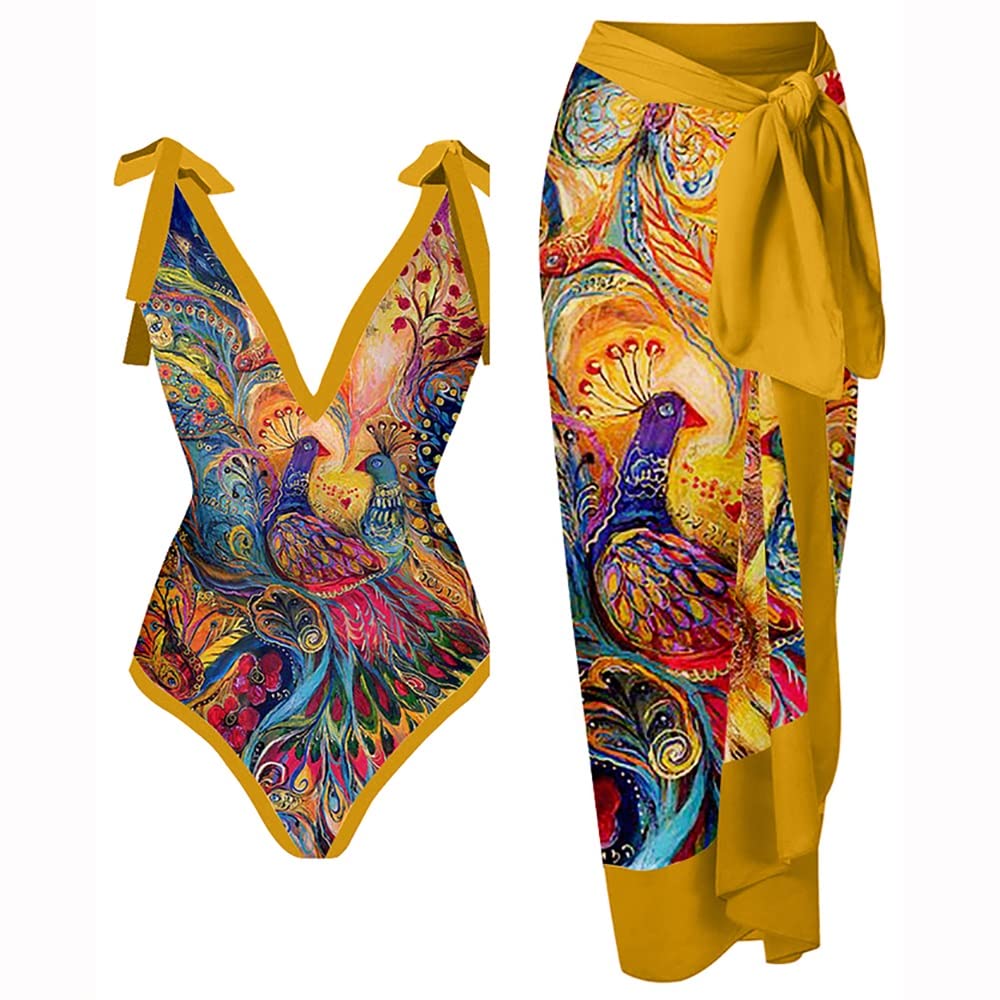 Retro One-Piece Swimsuit for Women with Matching Cover Up - Floral Print Bathing Suit & Beach Dress - Summer Swimwear (Color A, Size S) | Perfect for Pool Parties, Beach Vacations & Tropical Getaways