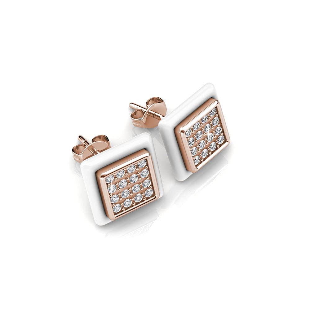 Cate & Chloe Kennedi Brass Stud Earrings with Ceramic Halo & Crystals – Hypoallergenic Women's Jewelry for Everyday Wear, Gift & Special Occasions