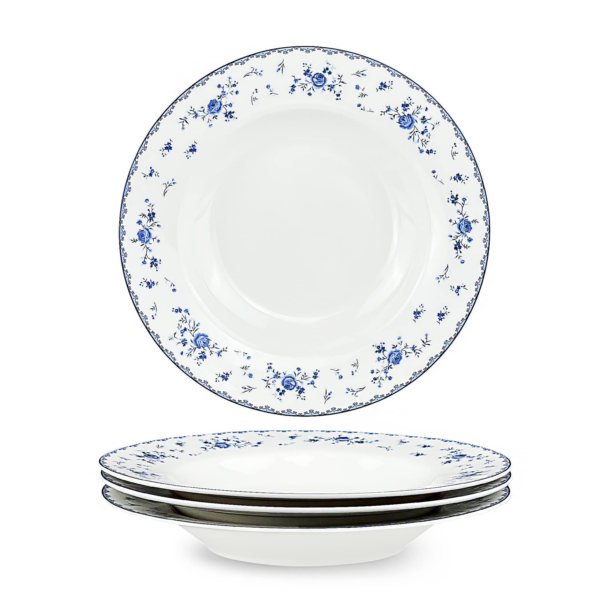 Fanquare 8 Inch Porcelain Soup Bowls Set of 4 - Round Pasta Plates for Salad, Dessert, Snack - Blue Roses Design - Perfect for Dining, Entertaining & Everyday Use