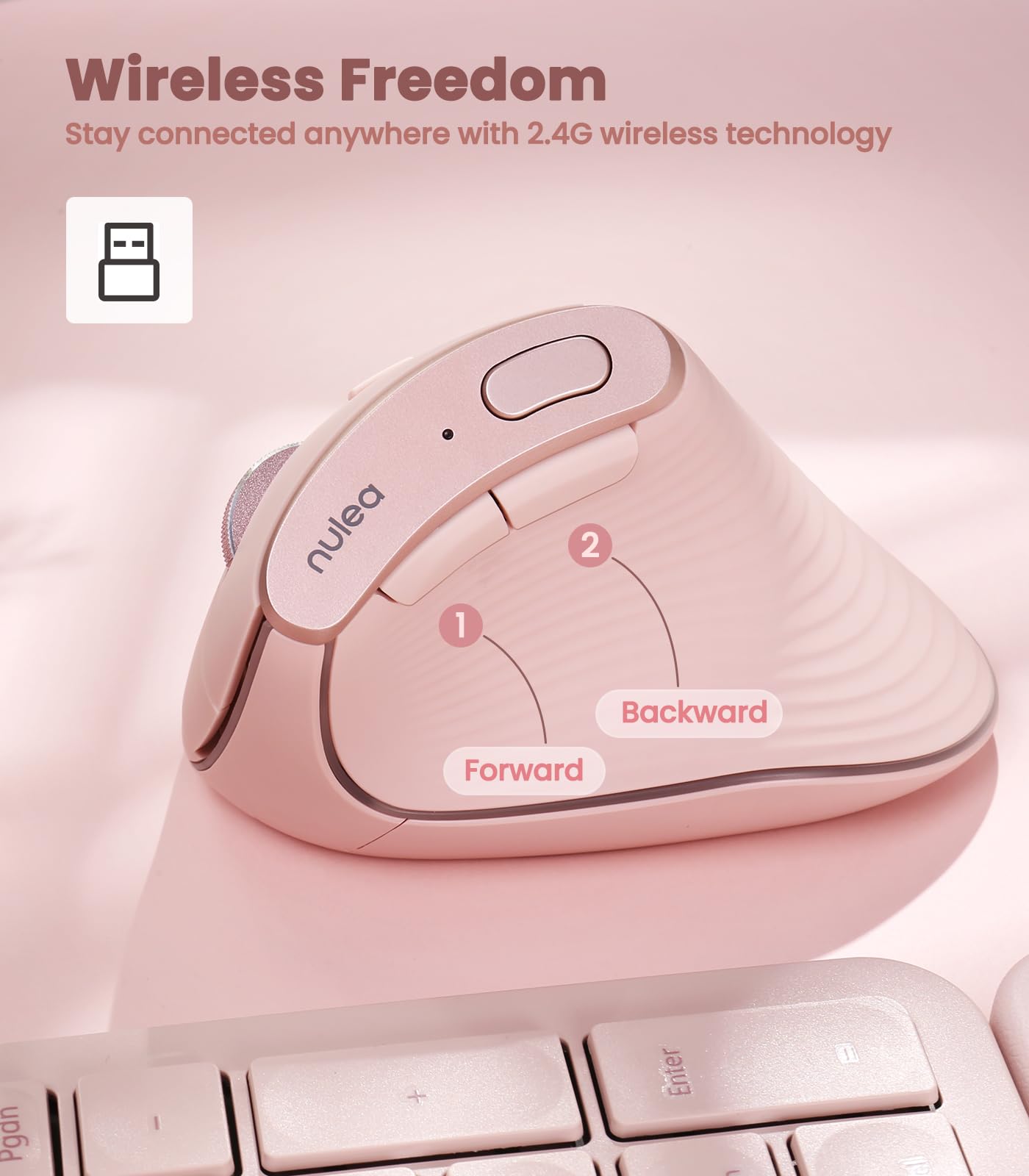 Nulea M510 Wireless Vertical Ergonomic Mouse - 3 Adjustable DPI (800/1200/1600), 2.4G Wireless with 6 Buttons - Compatible with Windows, Mac OS, Laptop & PC (Pink) | Perfect for Office Work, Graphic Design & Long Computer Sessions