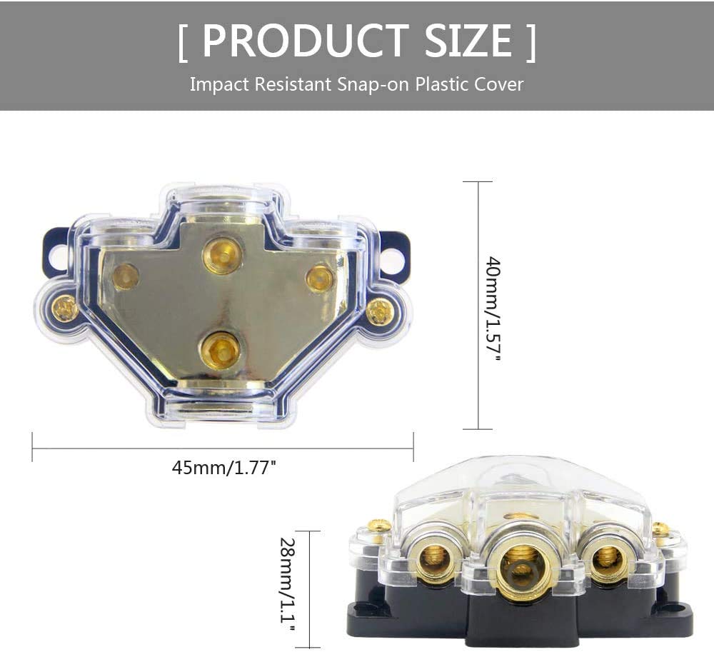 3 Way Power Distribution Block - 0/2/4 AWG Input, 4/8 AWG Output - Car Audio Stereo Amplifier Splitter Connector (1 Input 3 Output) 2 Pack - Perfect for Car Audio Systems, RV & Marine Power Distribution