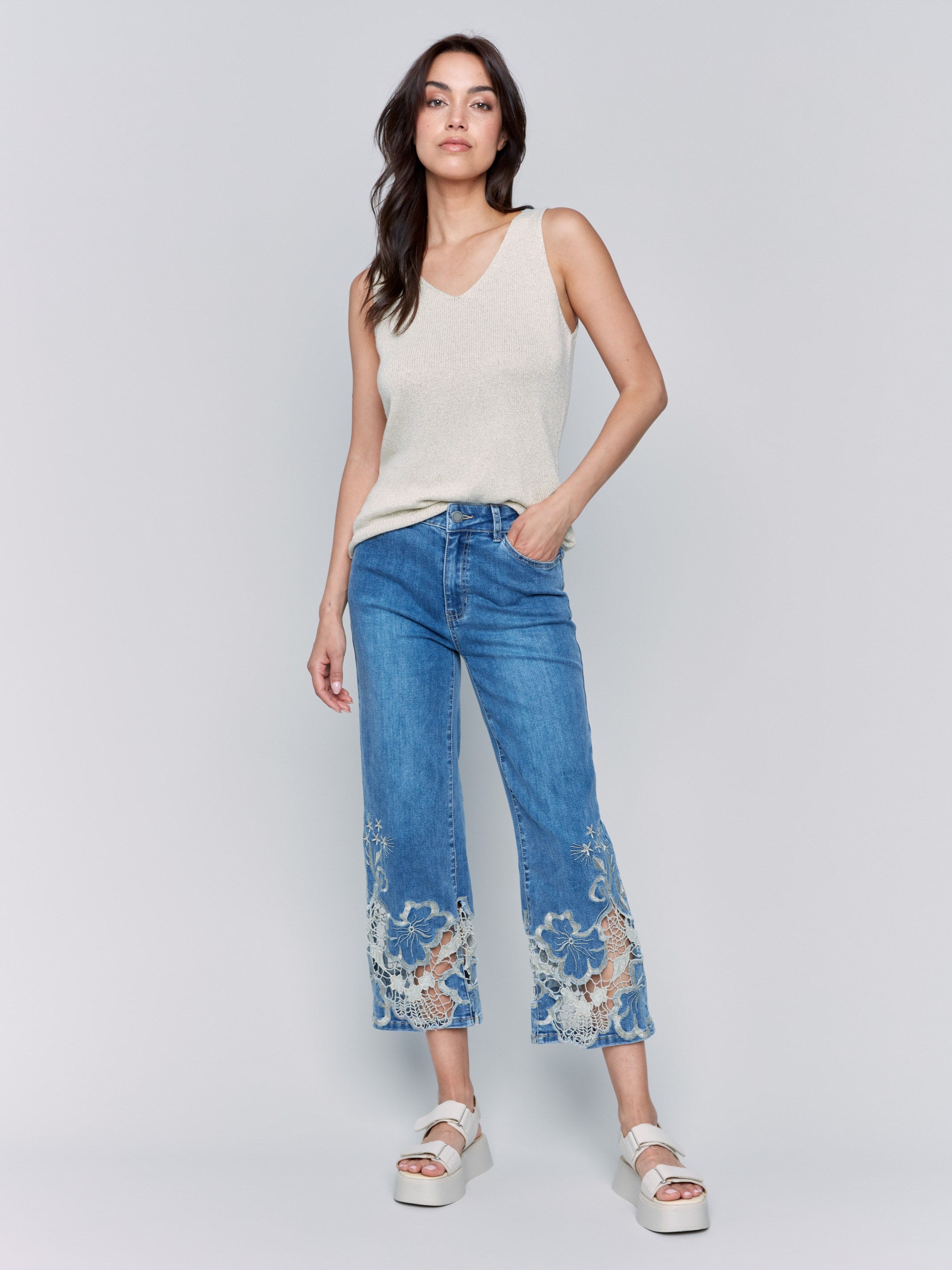 Cropped Flare Leg Jeans with Lace Hem - Medium Blue Denim Pants for Women | Casual & Boho Style | Perfect for Spring Outfits and Music Festivals