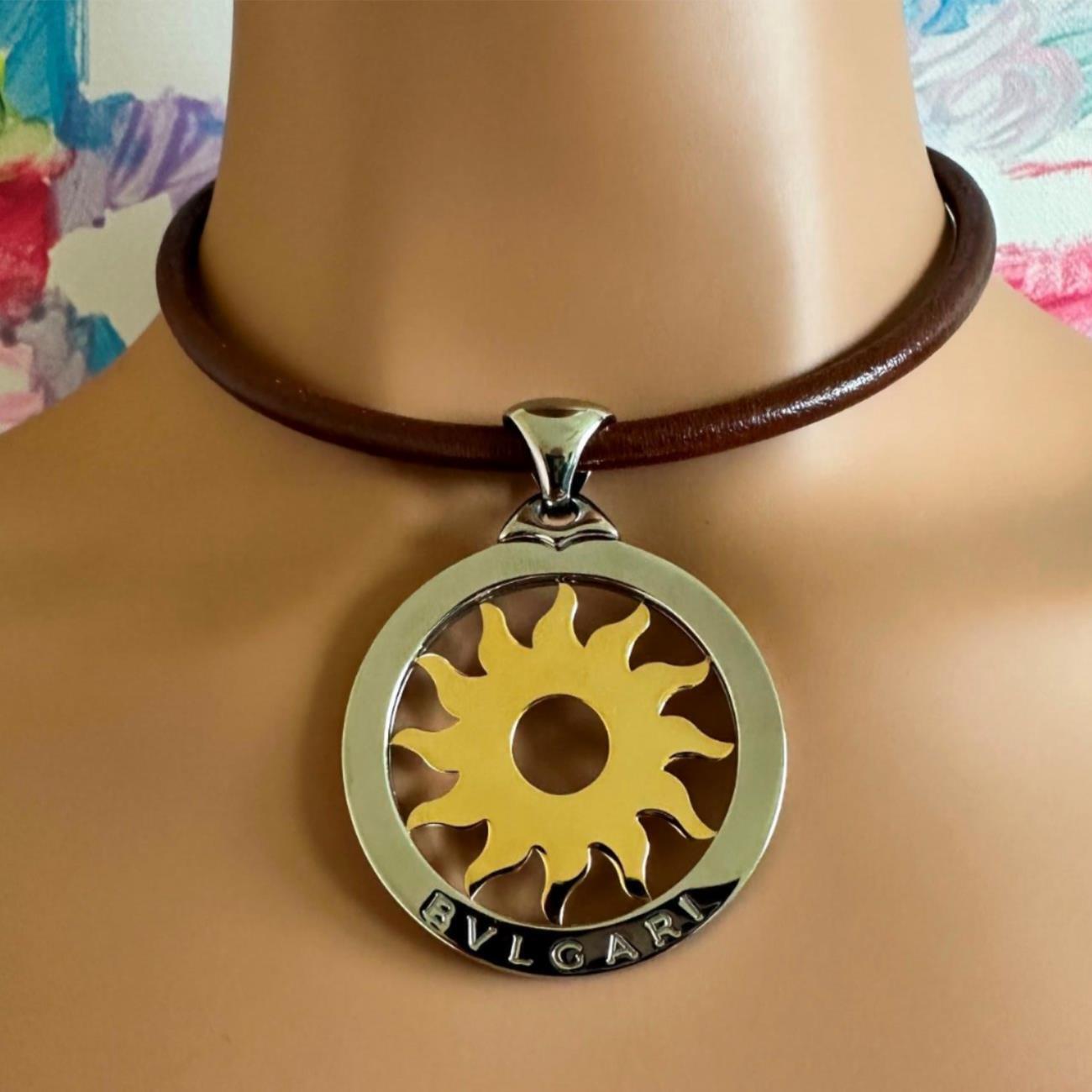Bulgari Tondo Sun 18k Gold & Steel Extra Large Pendant Necklace with Brown Leather Strap - Luxury Jewelry for Women, Perfect for Parties & Special Occasions
