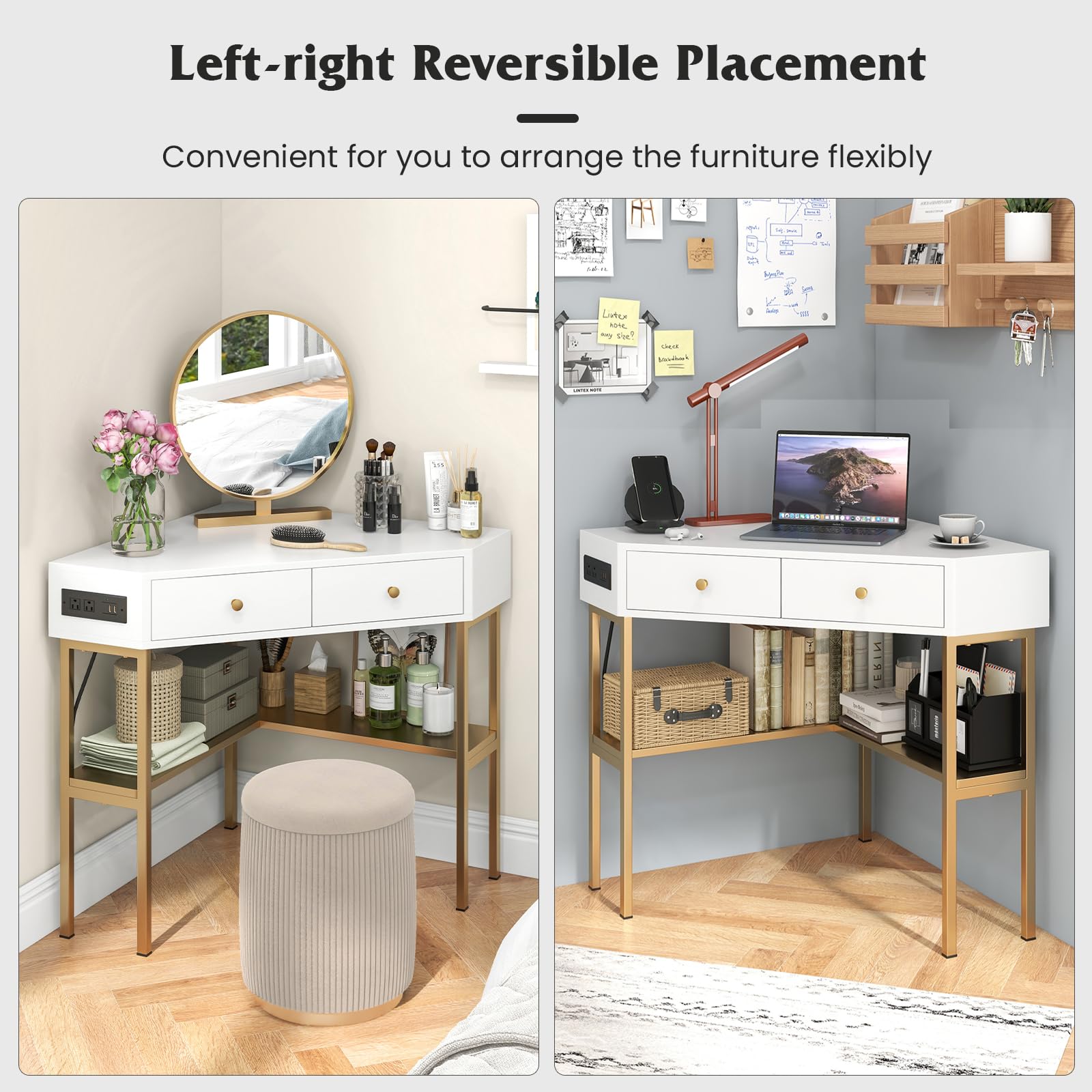 Tangkula White Corner Desk with 2 Drawers & Built-in Charging Station - 90° Triangle Computer Desk for Small Spaces, Home Office, Bedroom Makeup Vanity with Storage Shelves - Perfect for Work, Study & Beauty Routine
