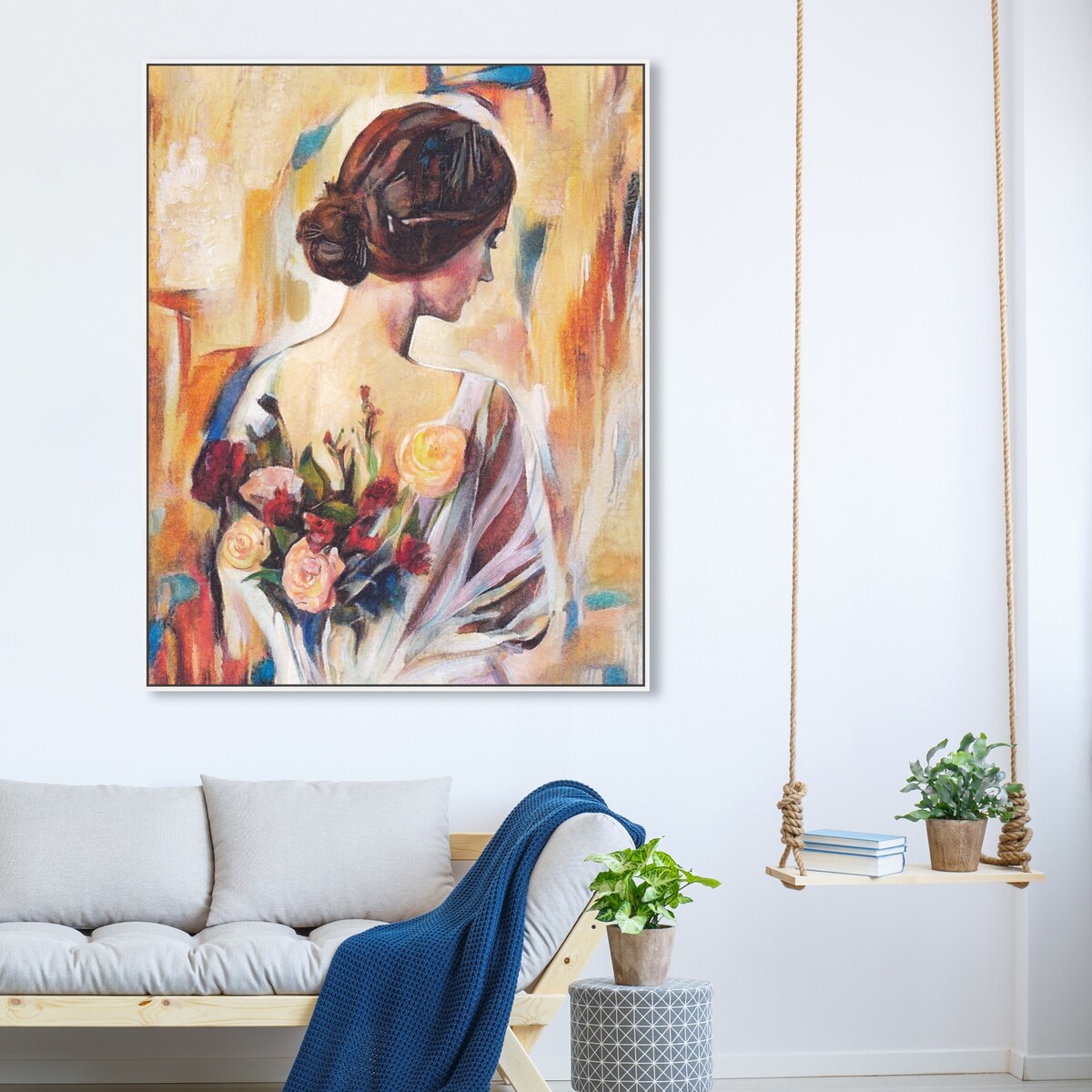 Modern White Framed Canvas Wall Art Print - Floral Back and Flowers Design for Women, Elegant Home Decor for Bedroom, Living Room & Office