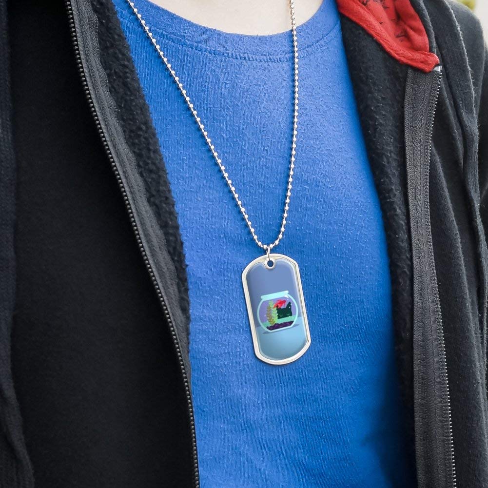 Black Cat Staring at Betta Fish Bowl Military Dog Tag Pendant Necklace with Chain - Unique Gothic Jewelry for Women & Men - Perfect for Halloween, Cosplay, and Alternative Fashion Lovers