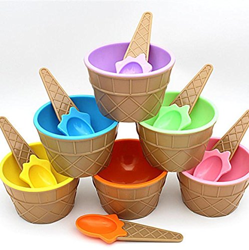 Gallity Kids Plastic Ice Cream Bowls and Spoons Set - 6-Piece Durable Dessert Dishes Cups with Spoons for Ice Cream, Pudding, Yogurt & Snacks (Blue) - Perfect for Birthday Parties, Picnics & Family Gatherings