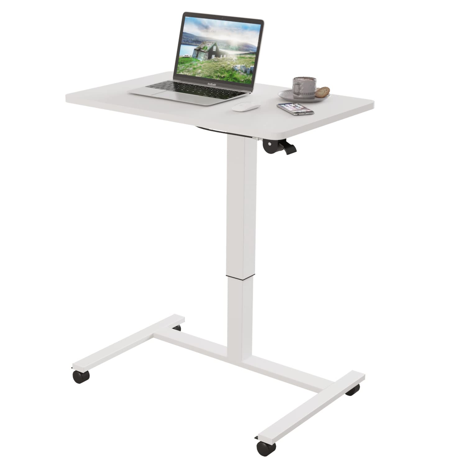 Bilbil Pneumatic Mobile Desk - Gas-Spring Height Adjustable Sit to Stand Workstation with Lockable Wheels | Overbed Laptop Table & Rolling Computer Cart | Portable Work Table for Home Office, Gaming & Study | Perfect for Small Spaces, Bedroom Workspace & Remote Work