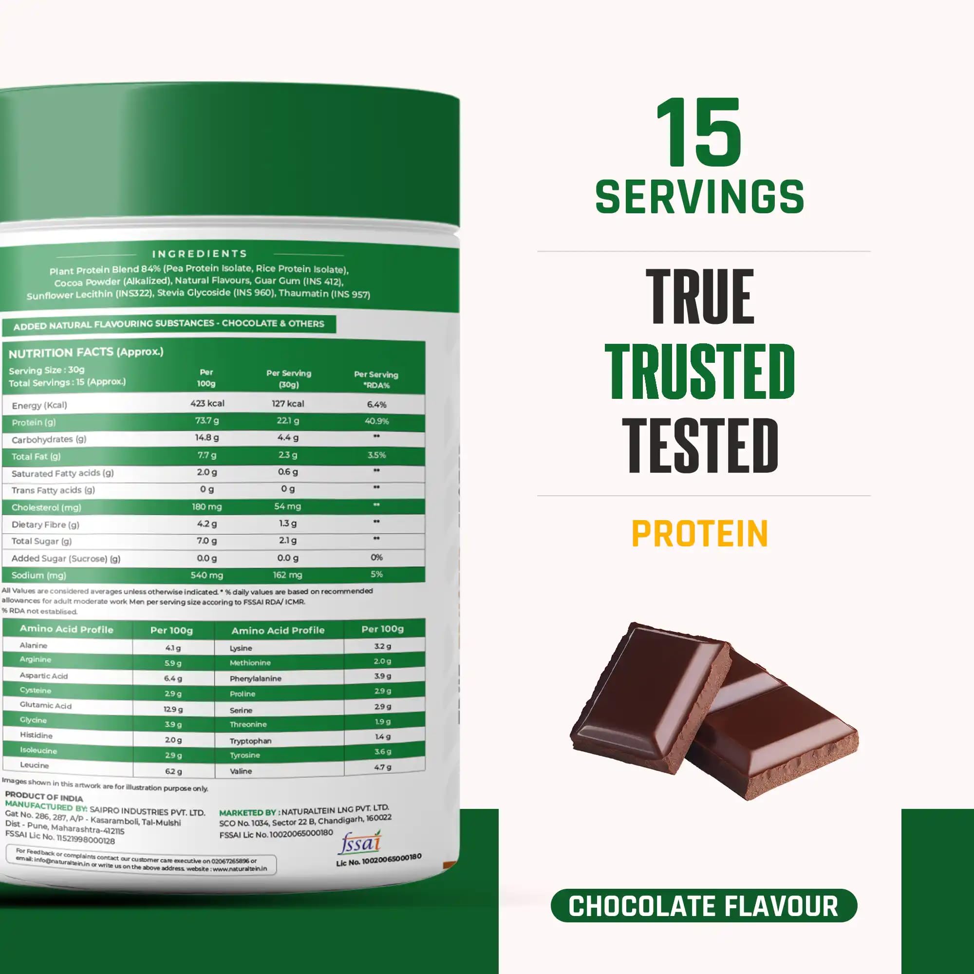 NATURALTEIN Vegan Plant-Based Protein Powder (Rice & Pea) - Chocolate Flavor - 500g with 21g Protein | Gluten Free, Dairy Free, Non-GMO | Perfect for Post-Workout Recovery & Healthy Smoothies