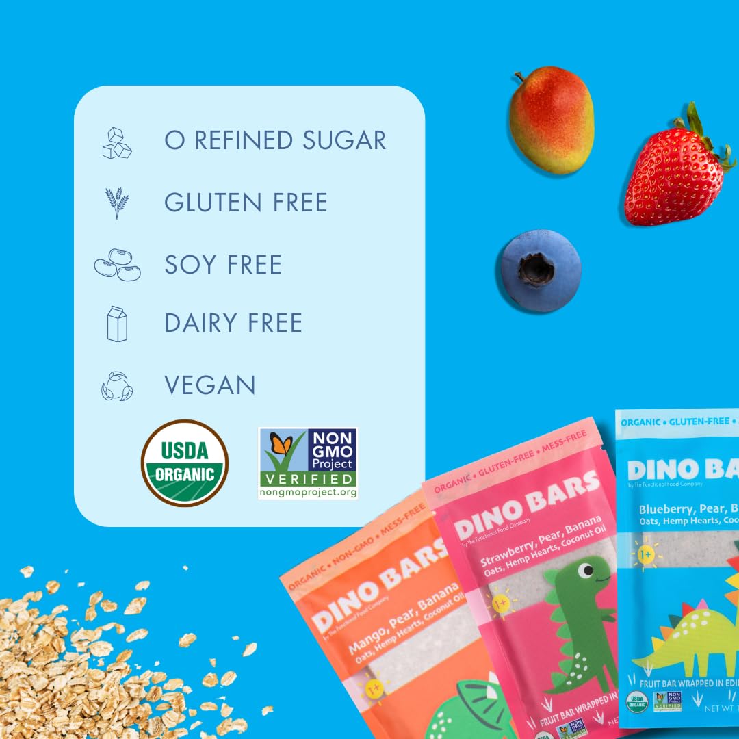 Organic Dino Bars for Kids - Healthy Fruit & Oats Snacks with Hemp Hearts & Coconut Oil | Blueberry, Strawberry & Mango Flavors | Edible Paper Wrapped Toddler Snacks | Variety Pack of 30 | Perfect for Lunchboxes, School Snacks & On-the-Go Nutrition | Ages 1+