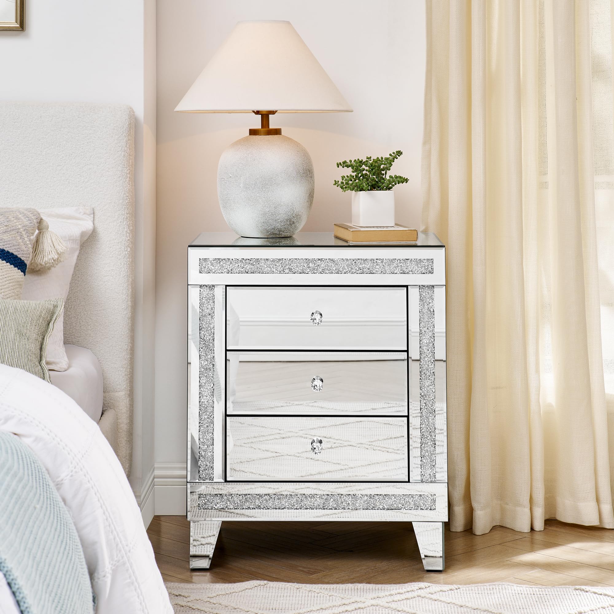 Henf Fully Assembled Silver Mirrored Nightstand with 3 Drawers & Crystal Knobs - Modern Bedside Table for Bedroom, Living Room (21.5