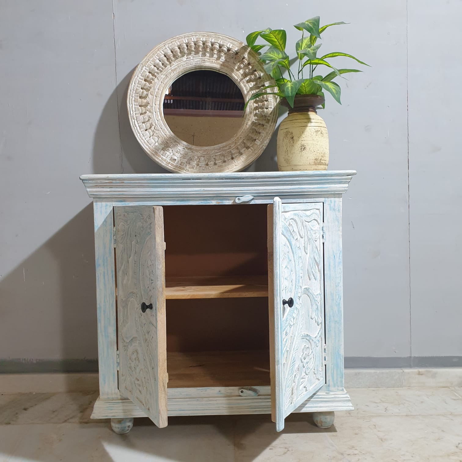 Handmade Carved Indian Solid Mango Wood Cabinet - 2 Door Bluewash Storage Furniture for Living Room, Bedroom & Entryway Decor