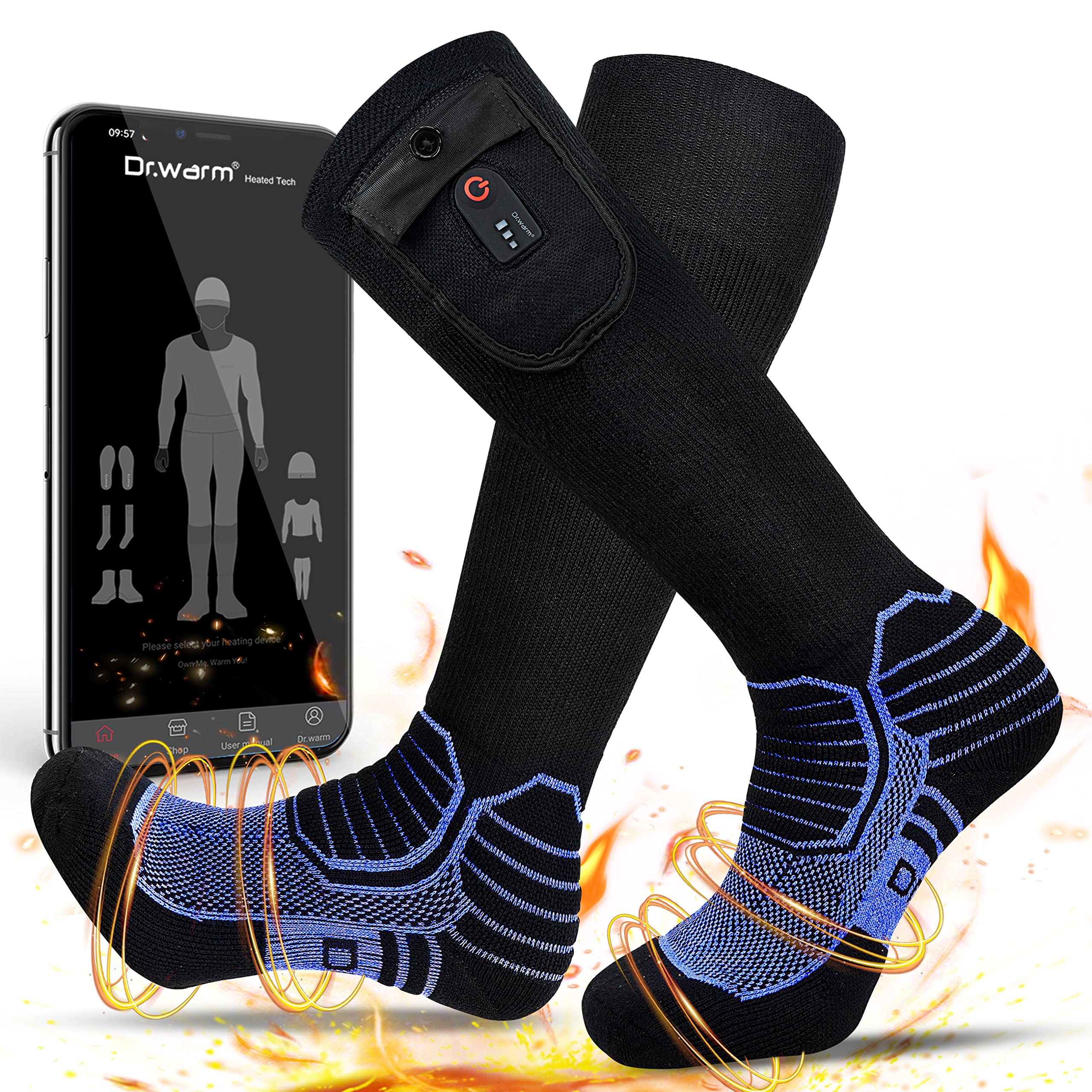 Dr. Warm Electric Heated Socks for Men & Women - 3000mAh Rechargeable Battery, APP Controlled Winter Foot Warmers - Perfect for Outdoor Activities Like Skiing, Hiking & Cold Weather Work
