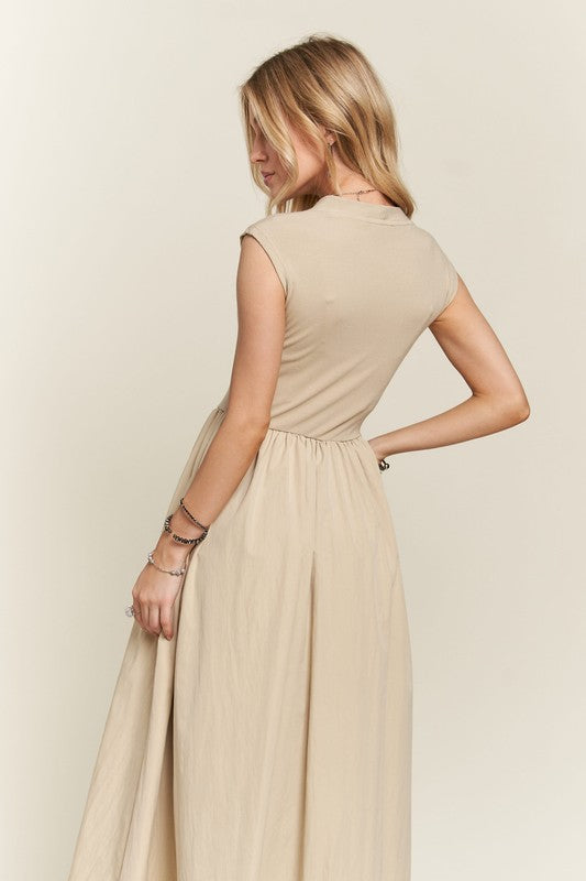 Elegant Tan V-Neck Cap Sleeve Maxi Dress for Women - Perfect for Beach Vacations, Resort Wear & Summer Parties