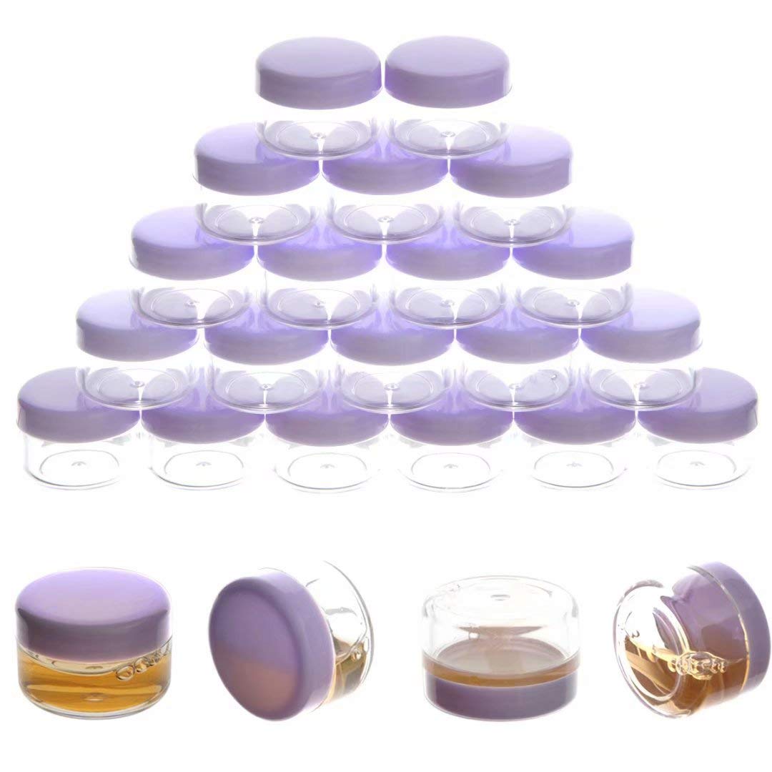 ZEJIA 5 Gram Sample Containers with Lids - Mini Empty Plastic Travel Cosmetic Jars with Labels (100-Pack, Purple) | Perfect for Makeup Samples, Skincare Products & Travel Essentials