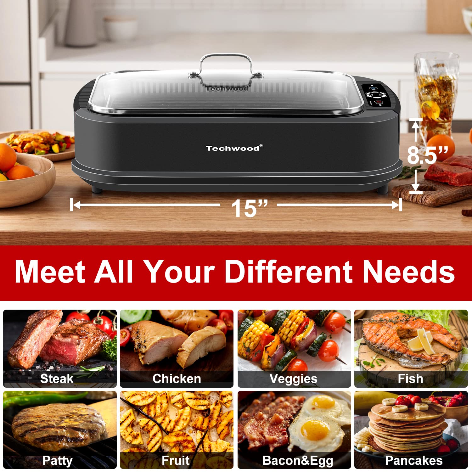 Techwood 1500W Smokeless Indoor Electric Grill - 2-in-1 Nonstick Grill & Griddle Plates, 6-Level Temperature Control, Portable Korean BBQ Grill with Glass Lid, Dishwasher Safe (Black) - Perfect for Home Cooking, Family Gatherings & Apartment Living