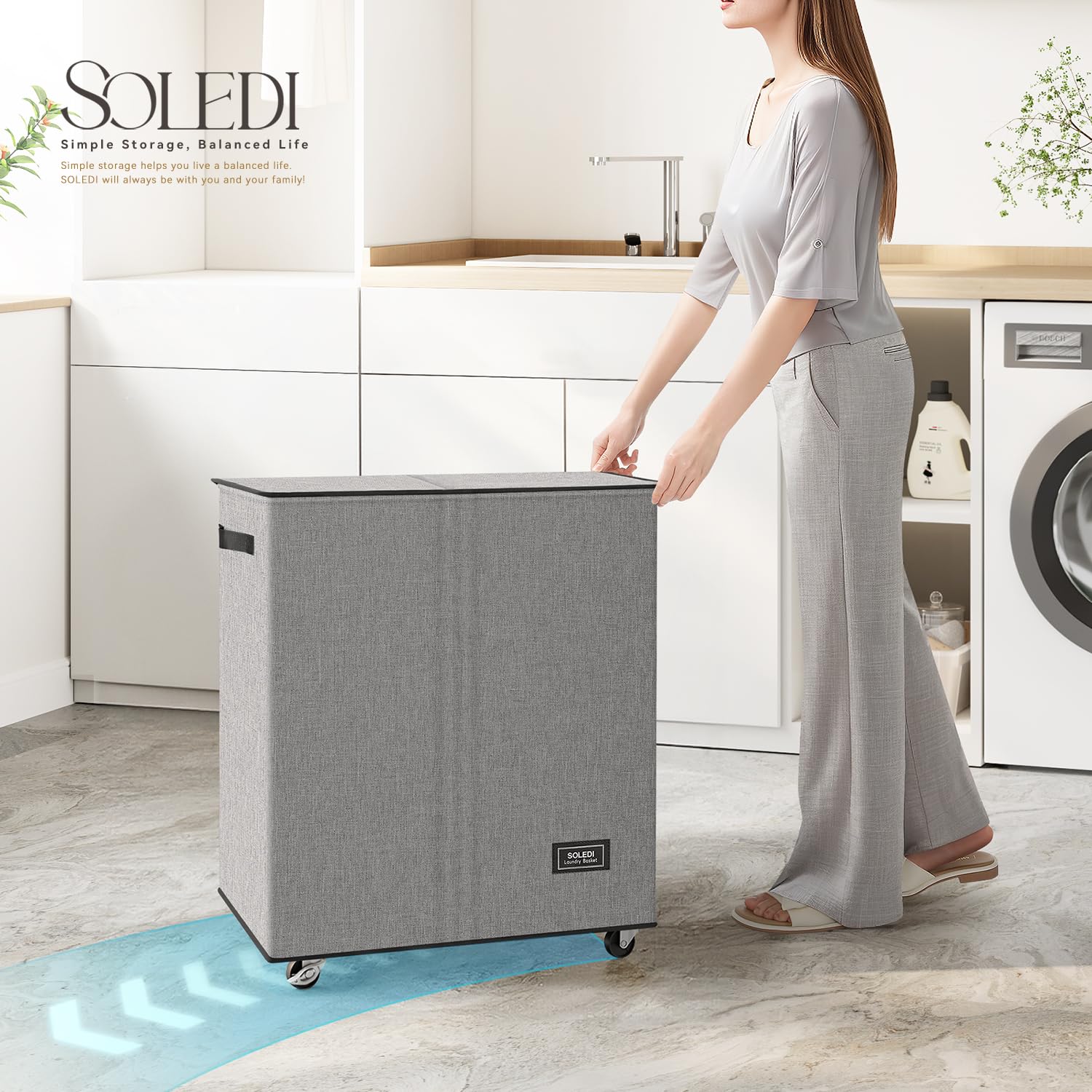 SOLEDI 145L Rolling Laundry Basket with Wheels - 2 Section Laundry Hamper Organizer with Removable Bag, Smooth Wheels for Easy Transport - Perfect for Bedroom, Laundry Room & Dorm Organization