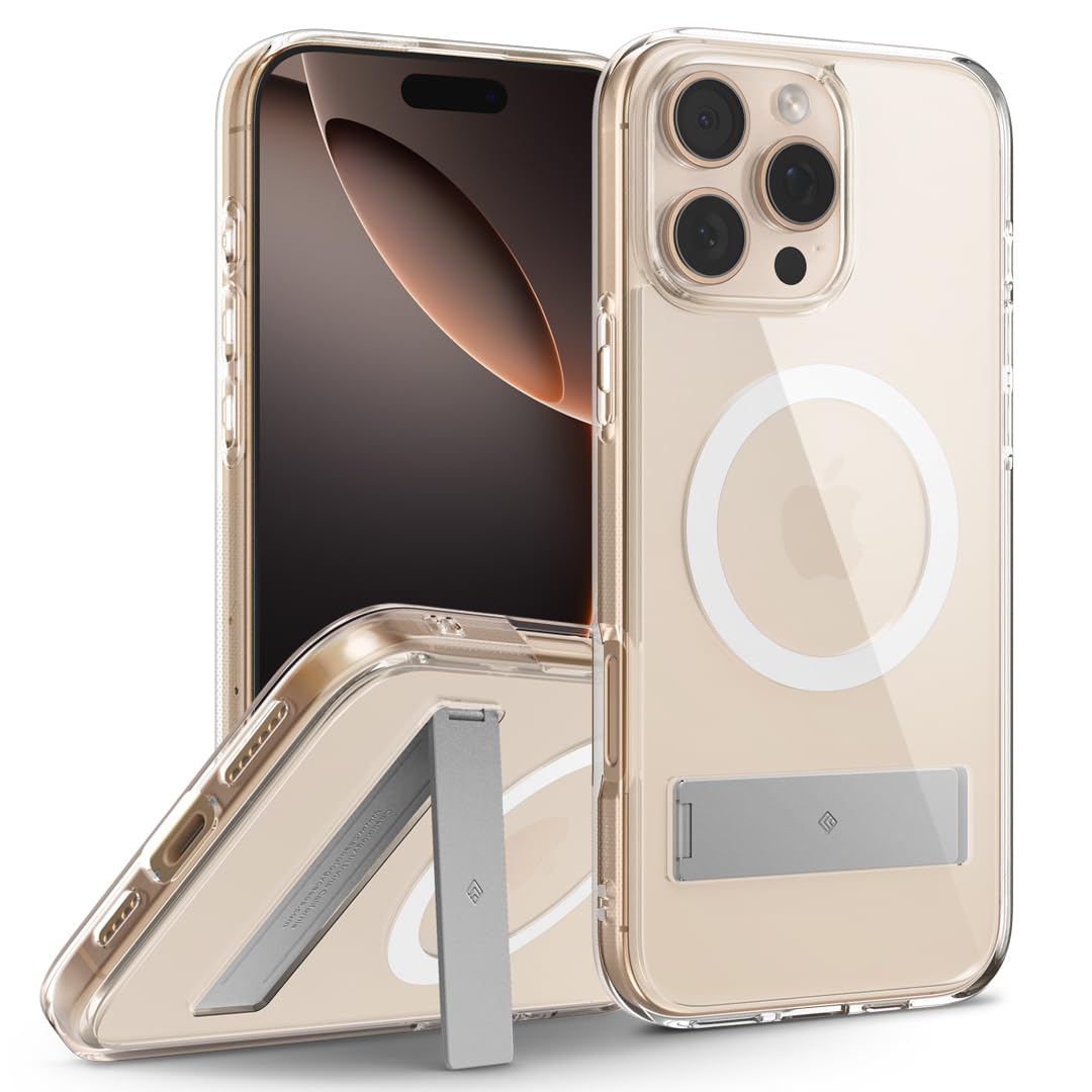 Caseology Capella Mag Kickstand iPhone 16 Pro Max Case - Ultra Clear Anti-Yellowing Magsafe Compatible | Military Grade Drop Protection | Perfect for Work, Travel & Outdoor Activities (Clear White Silver, 2024 Model)