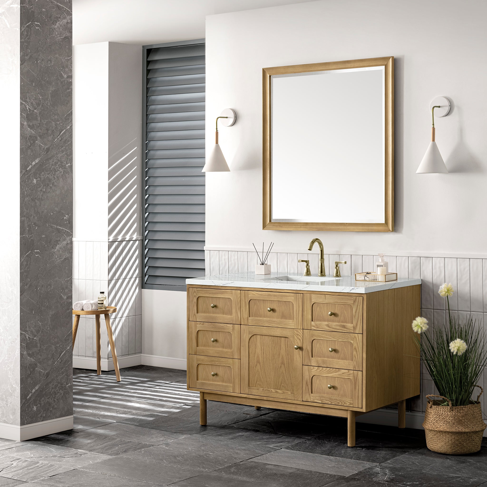 Laurent 48 Inch Single Bathroom Vanity with Light Natural Oak Finish & 3CM Ethereal Noctis Countertop - Perfect for Modern Master Bathrooms and Powder Rooms