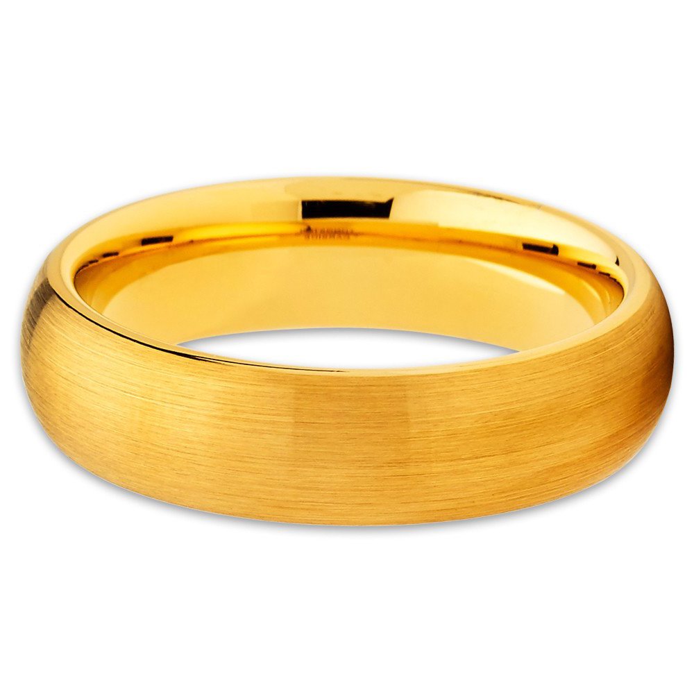 6mm Yellow Gold Tungsten Wedding Band for Men & Women - 18K Gold Plated Comfort Fit Dome Brush Ring - Perfect for Engagement, Anniversary & Everyday Wear