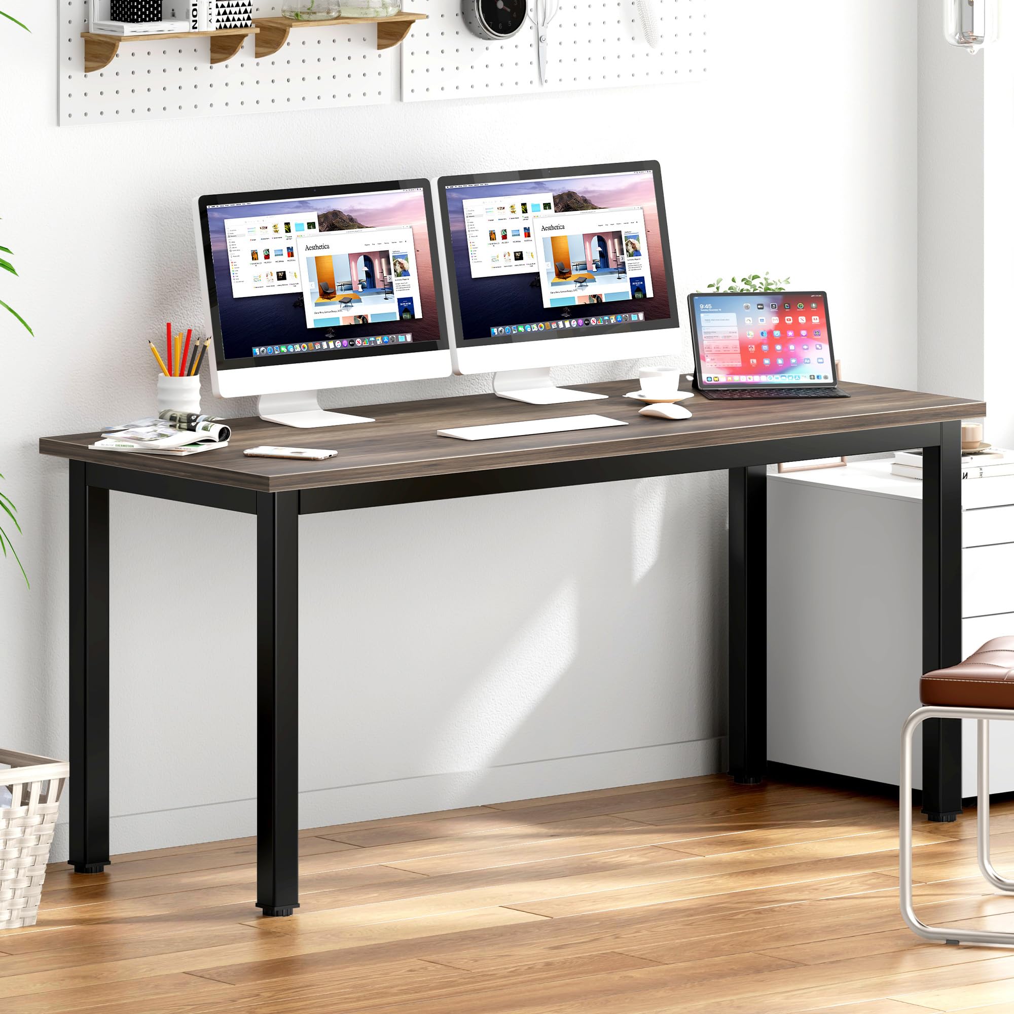 DlandHome 63 Inch Walnut Computer Desk - Home Office Desk, Writing Desk, Study Table, Gaming Desk & Workstation for Small Spaces | Perfect for Remote Work, Online Classes & Gaming Setup